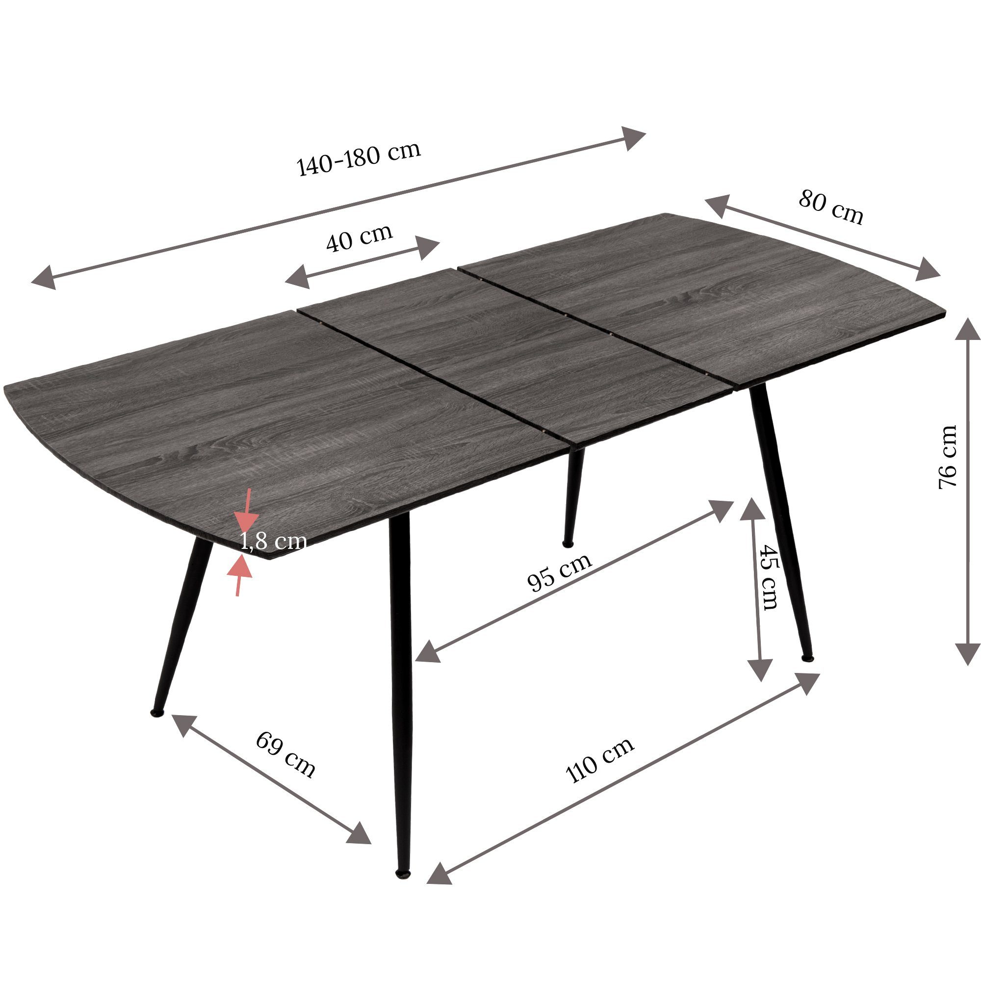 Küchentisch 140-180x80cm Esstisch Optik Dunkelgrau Personen Sabina, ausziehbar Esstisch Holz TRISENS 6-10