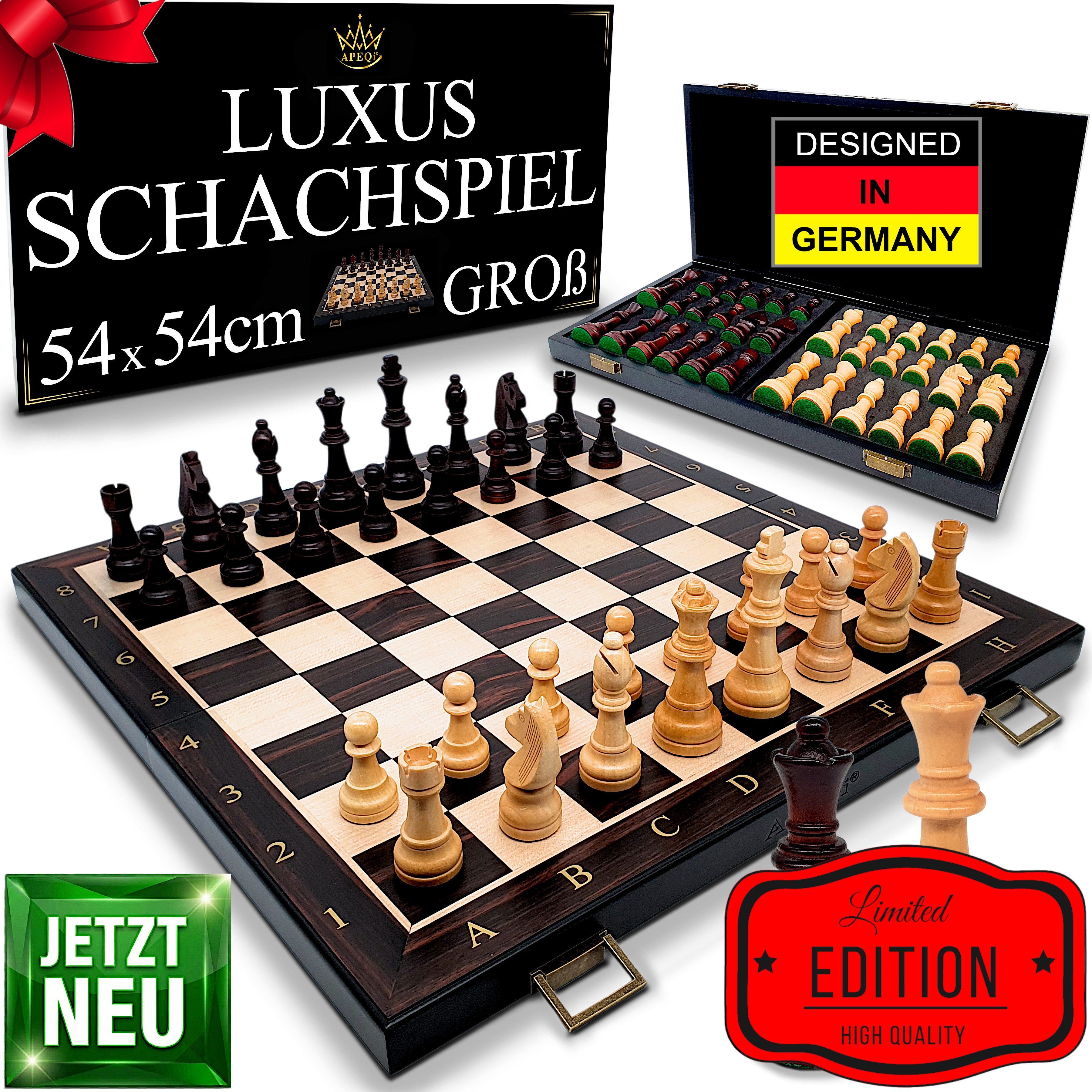 APEQi Spiel PREMIUM Schach - Schachspiel Holz hochwertig - Schachbrett mit Figuren, Massivholz, 2 EXTRA-Damen, Geschenkidee, klappbar, 34 Schachfiguren