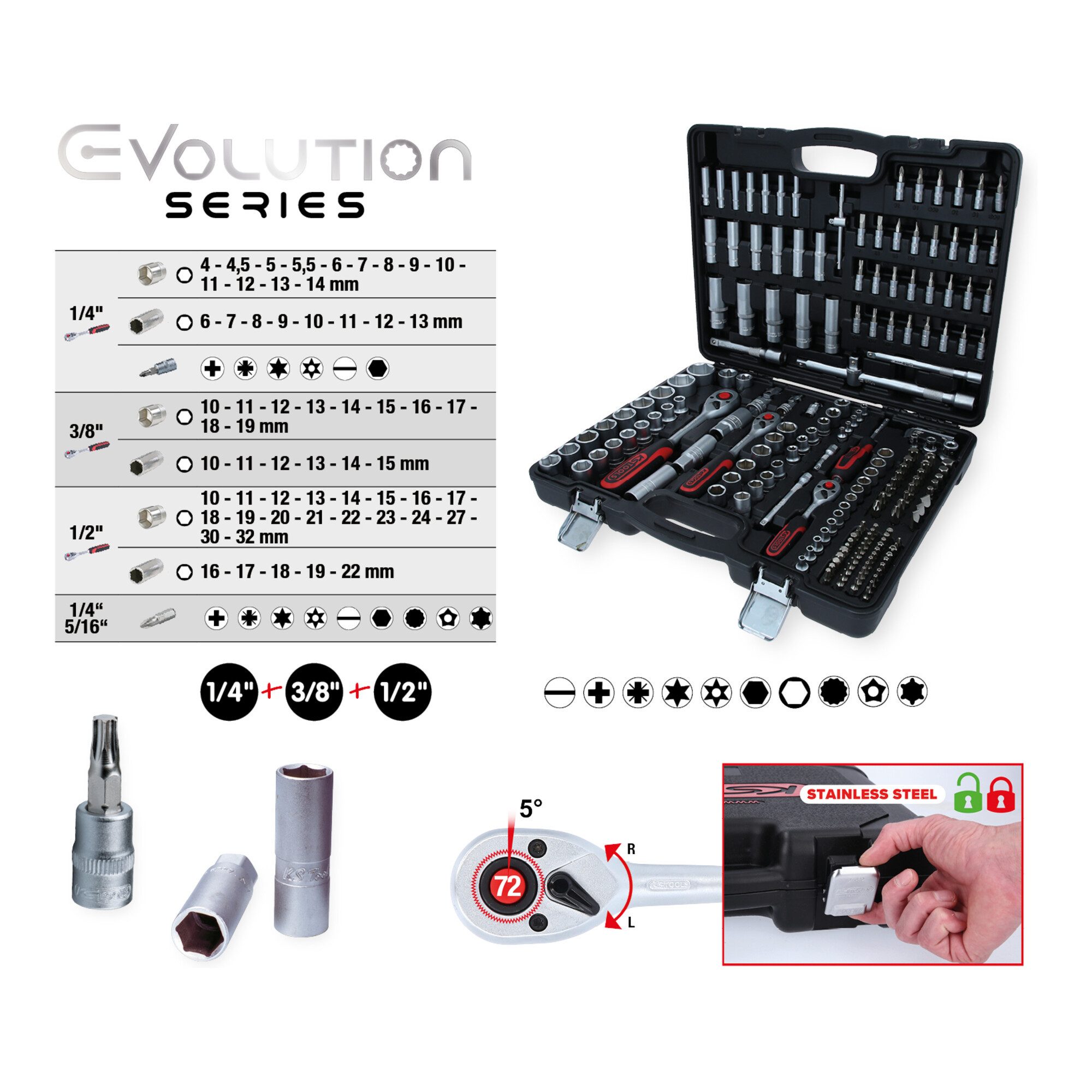 KS Tools Steckschlüssel KS Tools 1/4 Zoll+3/8 Zoll+1/2 Zoll Steckschlüssel-Satz, 195-tlg.