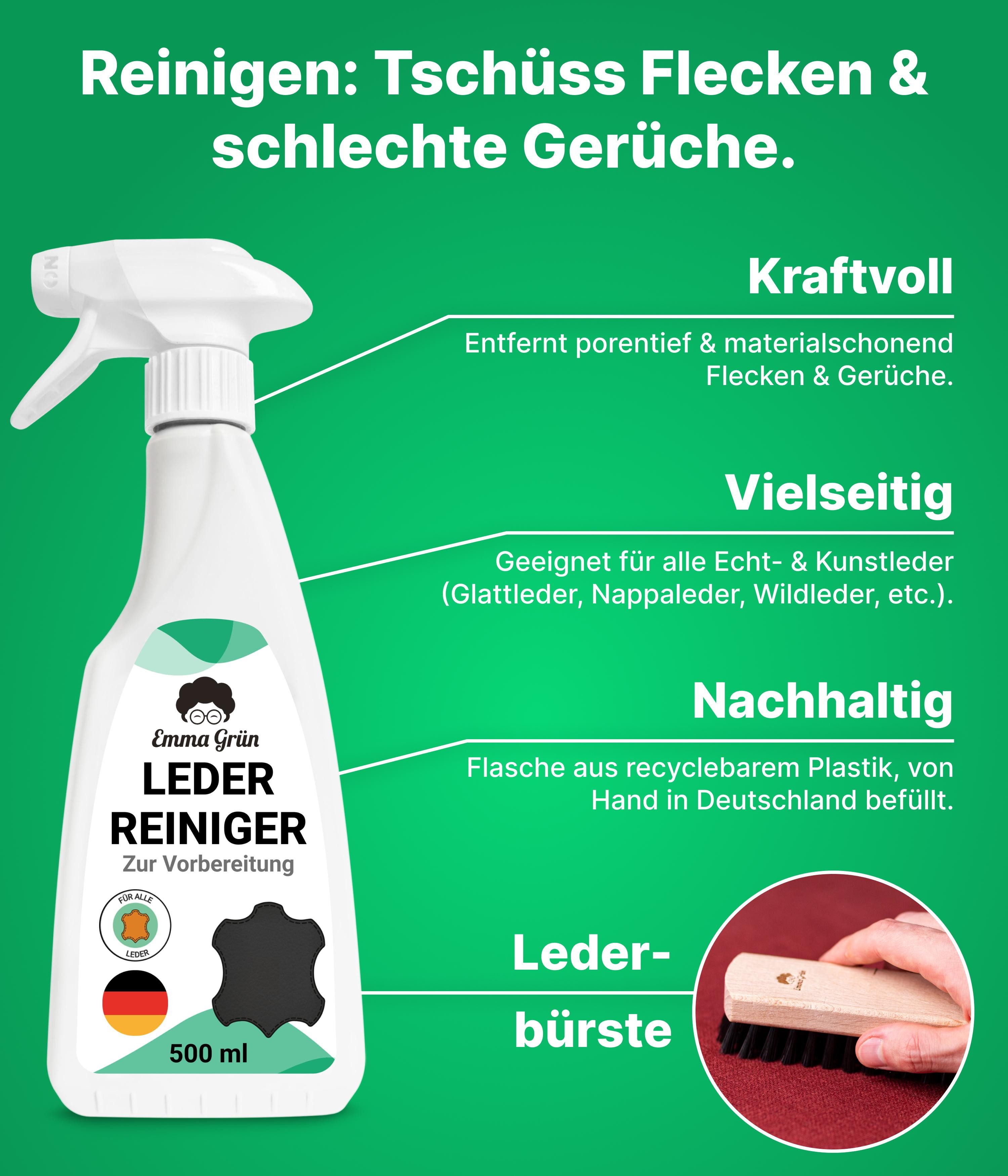Emma Grün auch für Wild-, Rau- & Nubukleder, 500ml Lederreiniger (stark gegen Flecken & Gerüche, mit Wildlederbürste, Made in Germany)