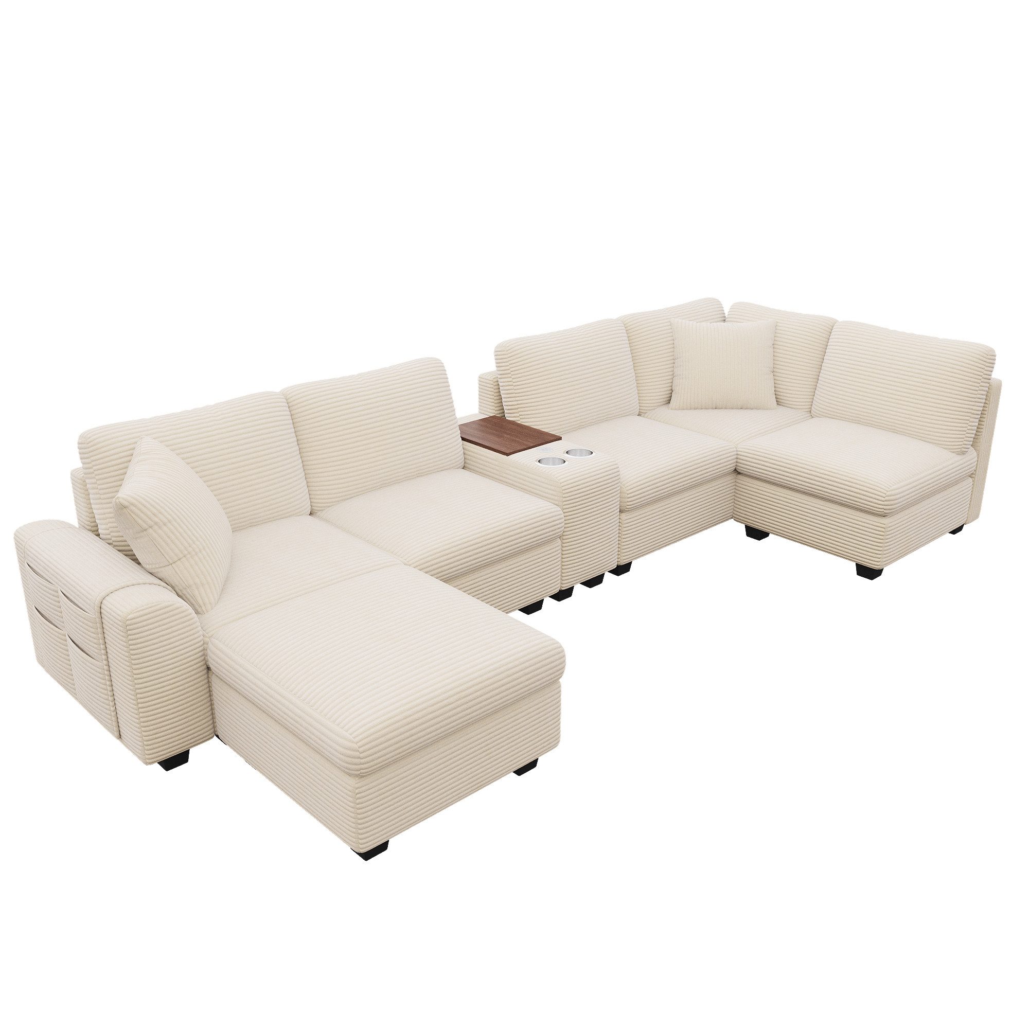 Merax Ecksofa mit USB & Type-C, L-/U-Form Sofa aus Cordstoff, Modulares Ecksofa 311x139x85cm 1 Teile, 6-Sitzer-Sofa mit Ottomane, Mittelkonsole, Getränkehalter & Stauraum