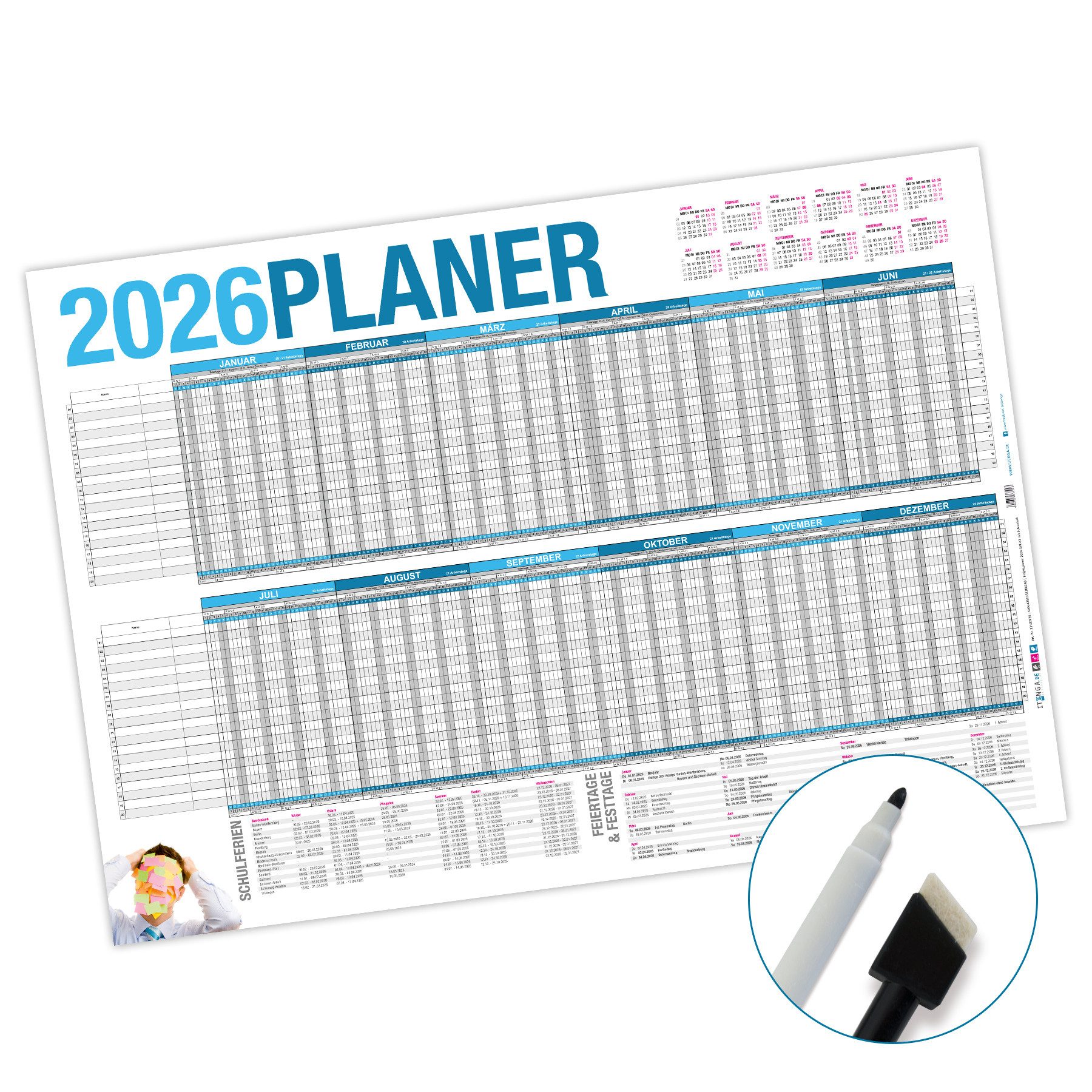 Wandkalender SET itenga Urlaubsplaner 2026 Wandkalender DIN A1 abwischbar + Stift