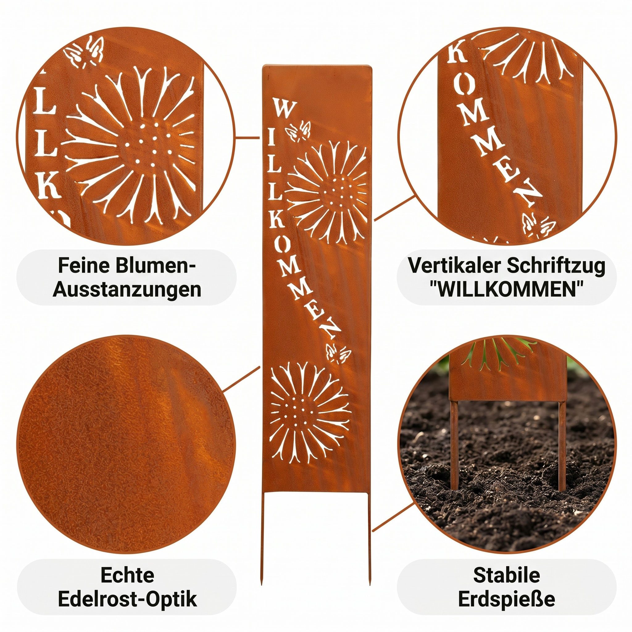 Levandeo® Gartenstecker Gartenstele Willkommen Metall Edelrost 20x100cm Blumen Schmetterling – Bild 4 von 5