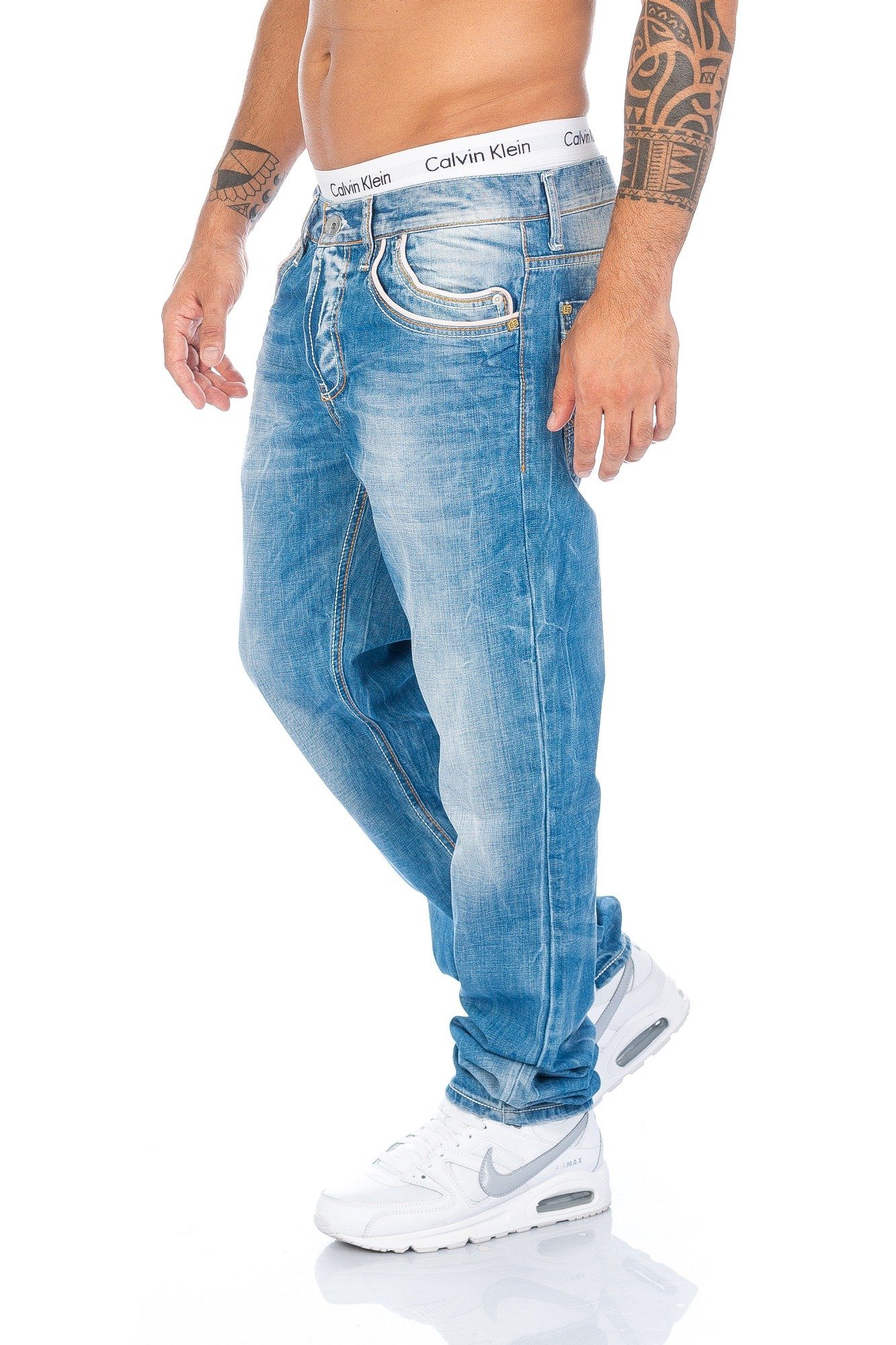 heller Herren Regular Jeans mit Kontrastnähten mit Jeans Waschung Fit Regular-fit-Jeans sytlischer & Cipo Hose Waschung Baxx und dicken Kontrastnähten Hose und