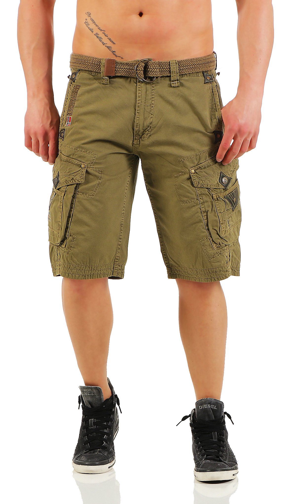 Geographical Norway Cargoshorts Herren Shorts G-PERLE (mit abnehmbarem Gürtel) Shorts, kurze Hose, unifarben / camouflage Kaki