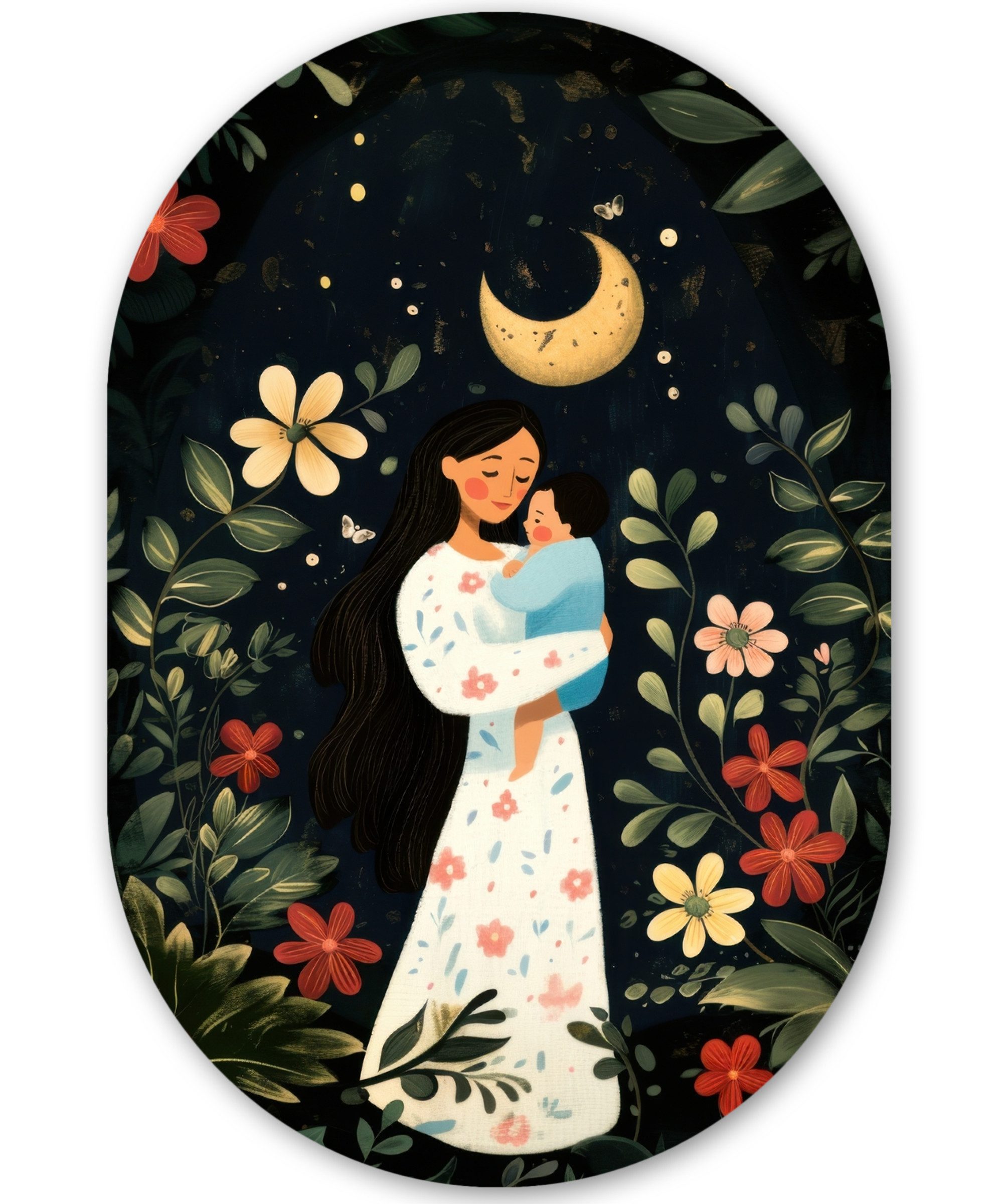 MuchoWow Gemälde Mutter - Kind - Bunt - Blumen, Fotodruck (1 St), Wandbild Oval, Wohnzimmer oder Schlafzimmer Wanddekoration, 40x60 cm