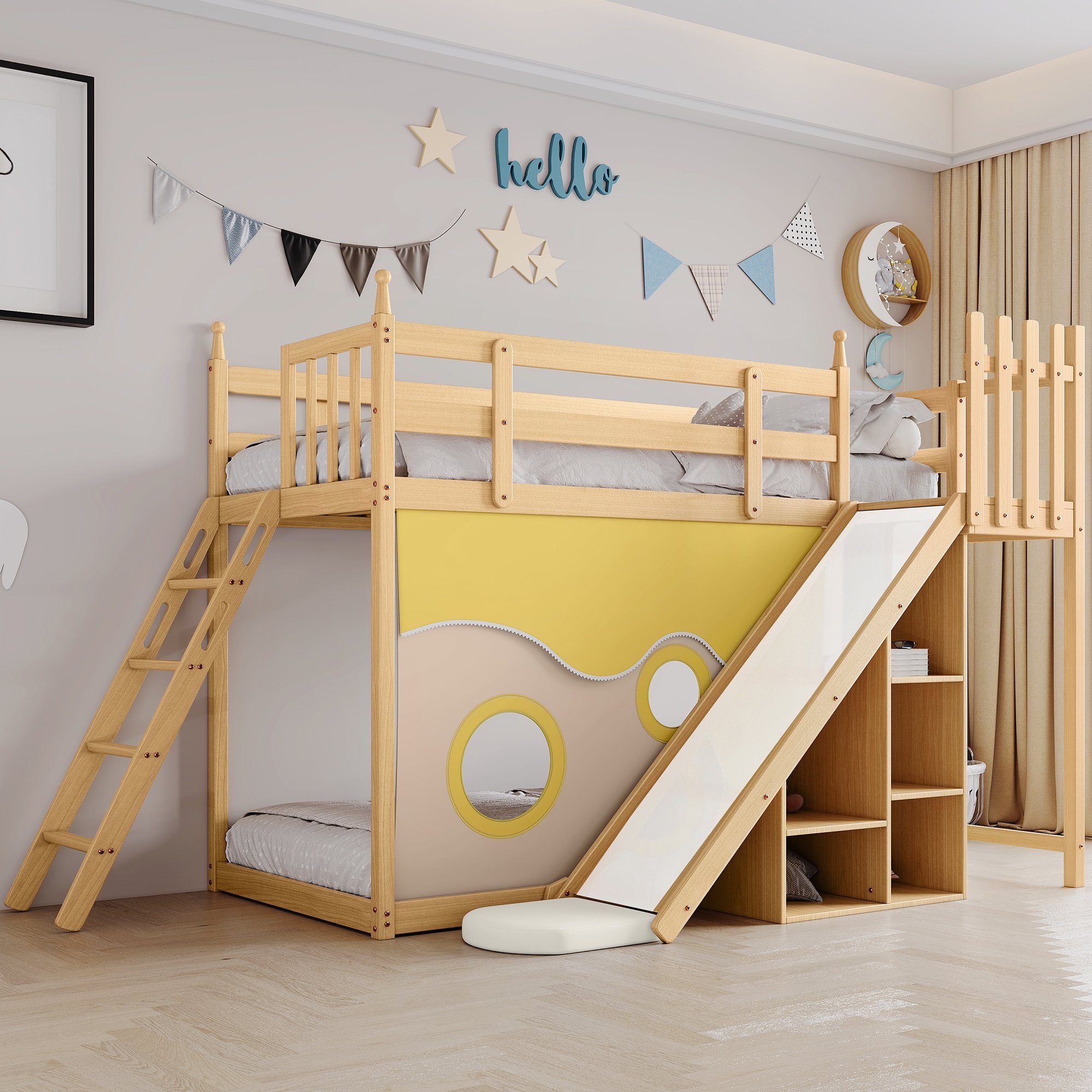 Ulife Etagenbett Kinderbett Holzbett mit Treppe und Zäune, Bett mit Fallschutz und Gitter