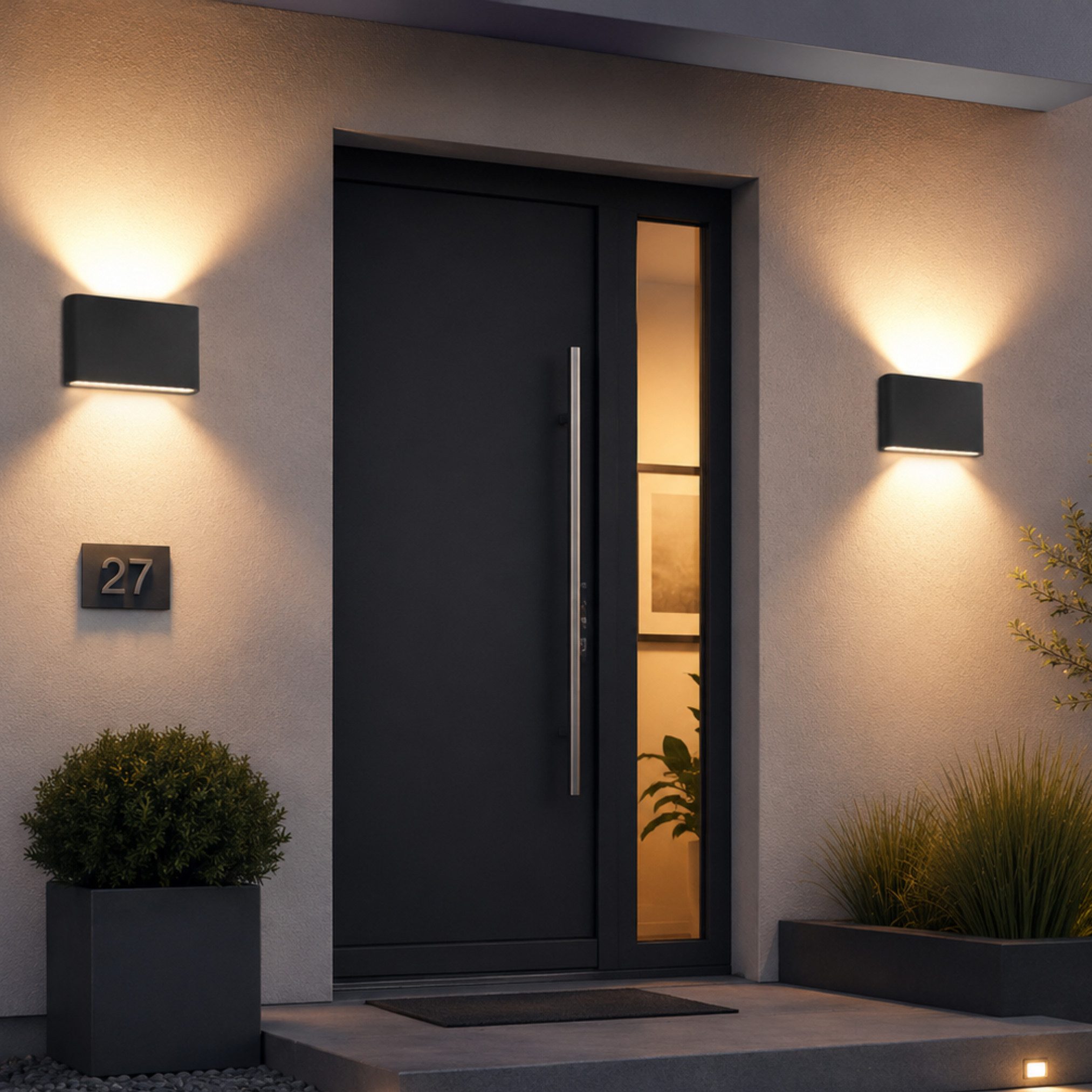 Lichthandel Hoch LED Außen-Wandleuchte 2er Set Wandleuchte Innen & Außen LED Scone sandschwarz IP44 Up Down, LED fest integriert, 3000K, Up-&-Down-Lichteffekt F – Bild 5 von 5