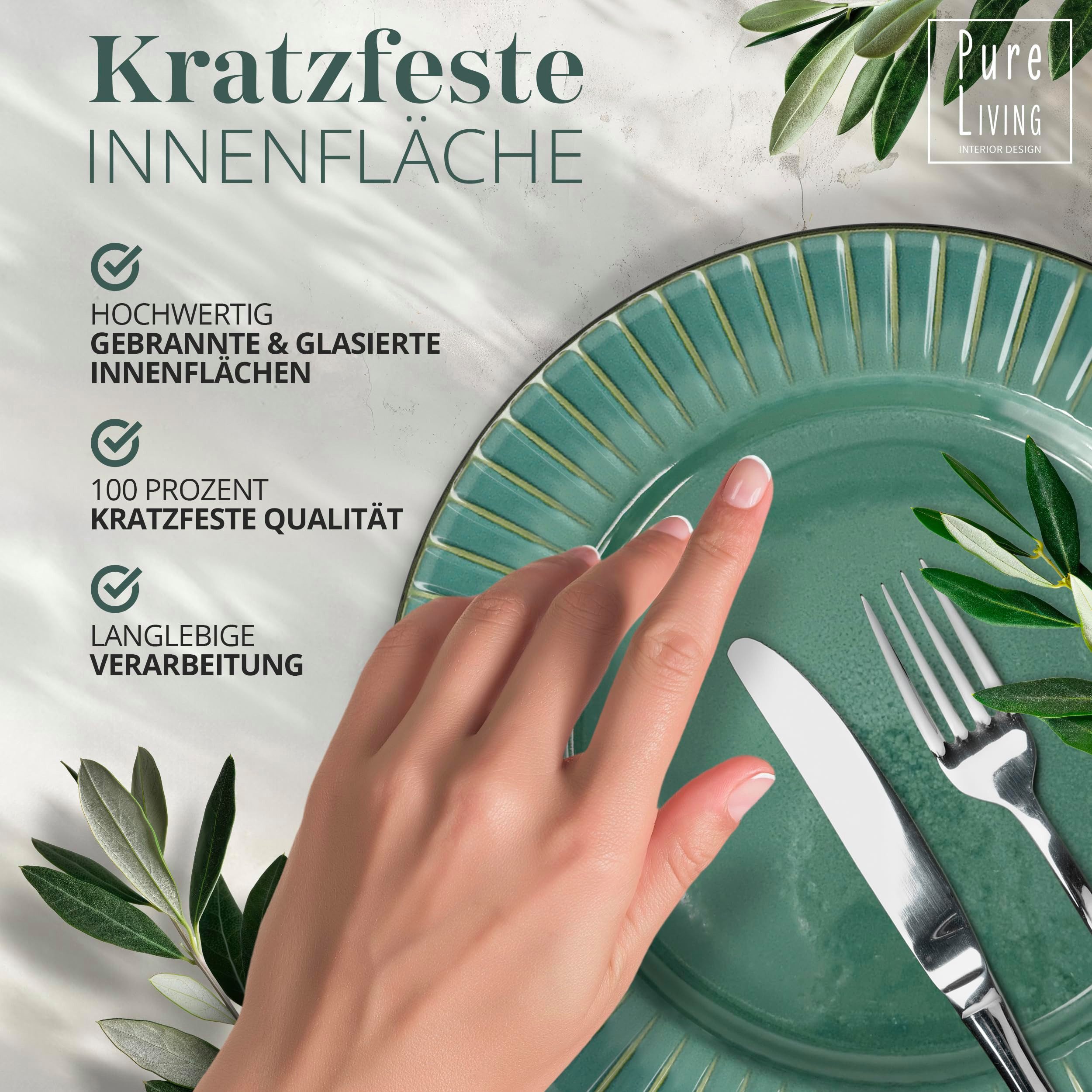 PURE LIVING INTERIOR DESIGN Geschirr-Set Pure Living Müslischale 6er 16cm »Ribbed«, Steingut, Grün, 6 Personen, Steingut, Mediterrane Handwerksoptik, Reaktive Glasur – jedes Stück einzigartig…