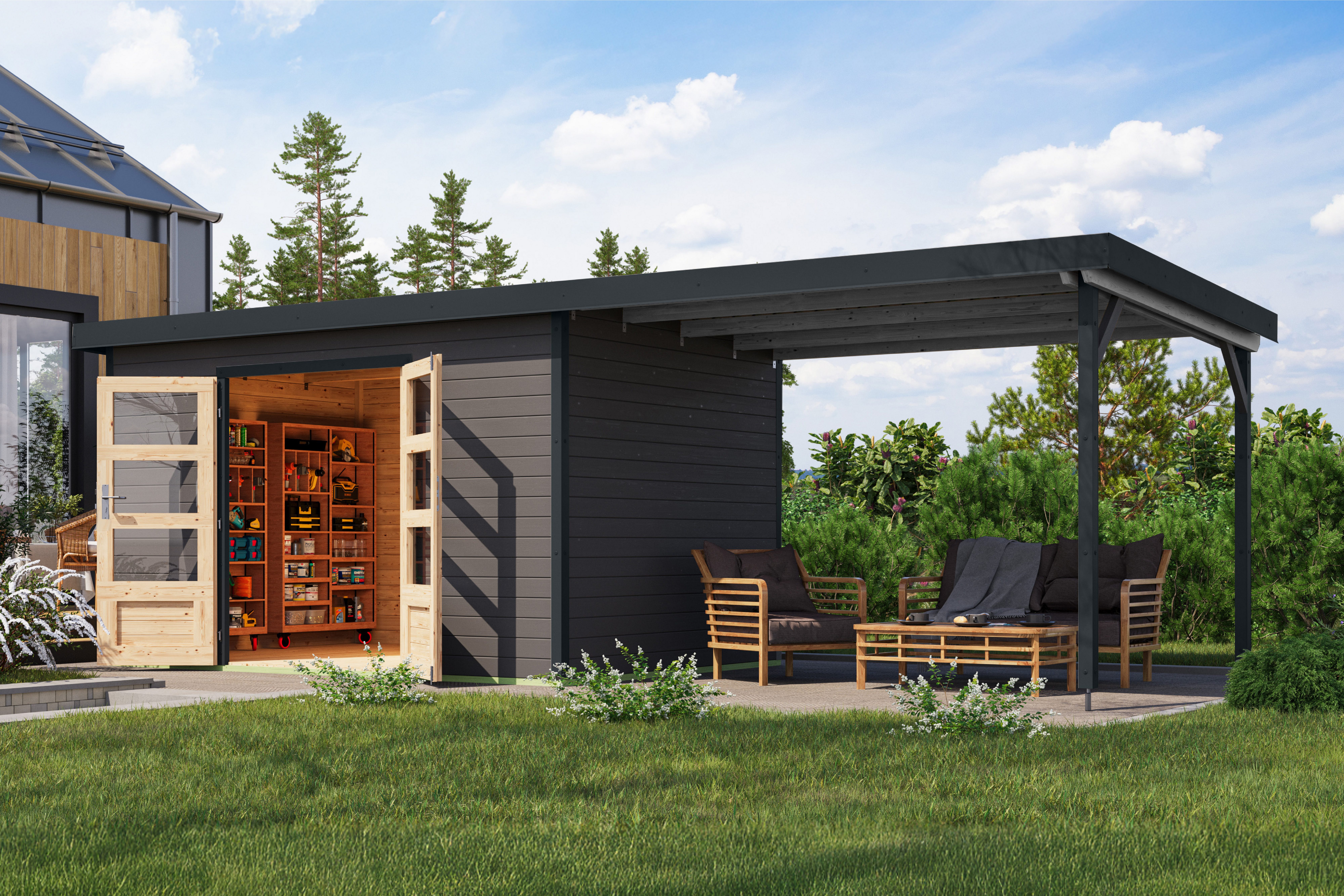 Karibu Gartenhaus Plutino 7 SET, in verschiedenen Farben, BxT: 692,5x273 cm, (Set), inkl. Anbaudach