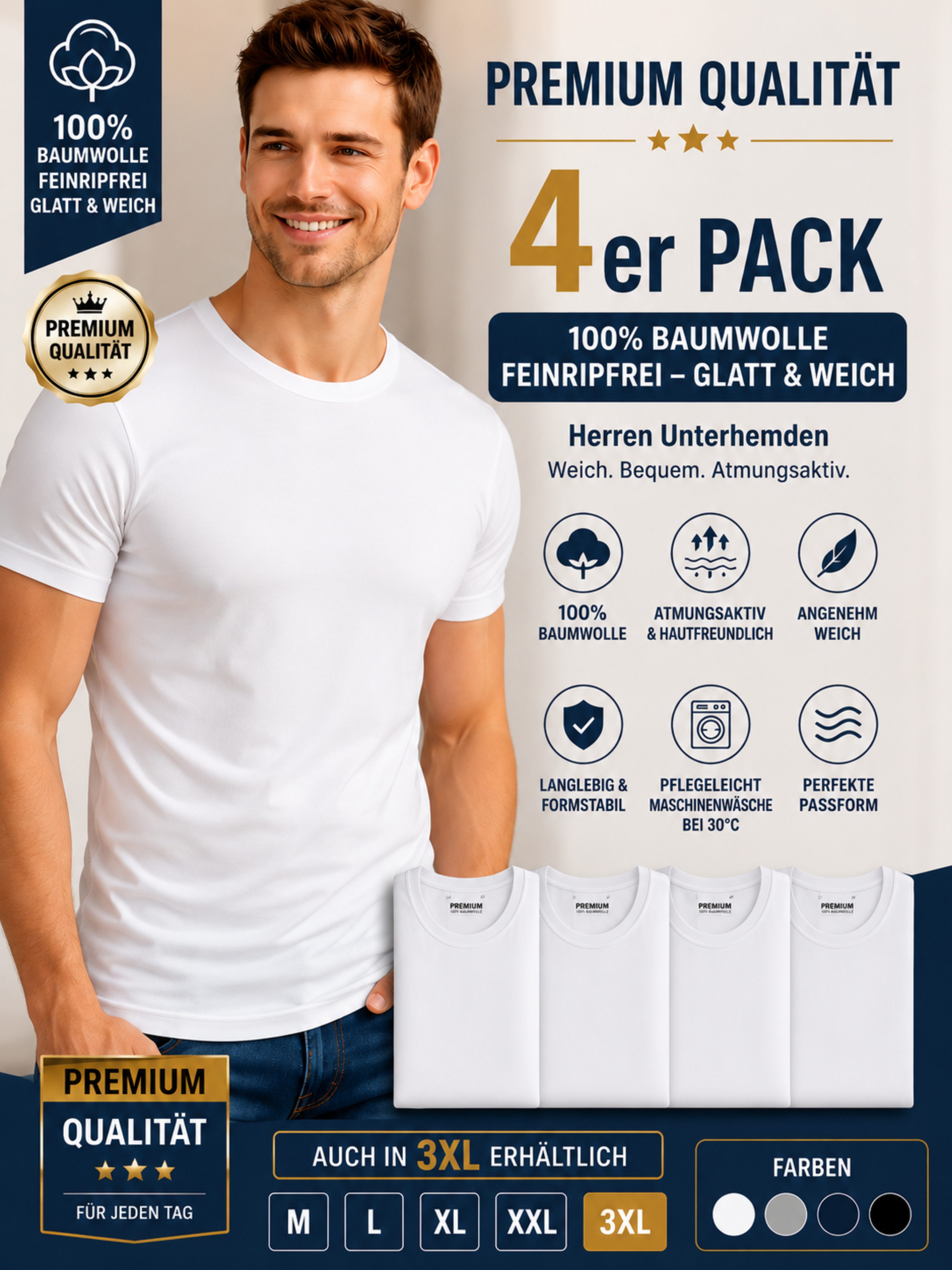 DDOnlineShop T-Shirt 4er-Pack Herren Basic O-Neck Rundhals –weiß Baumwoll Kurzarmshirts (Packung, 4-tlg., 4er-Pack) Premium Qualität-aus 100% Baumwolle