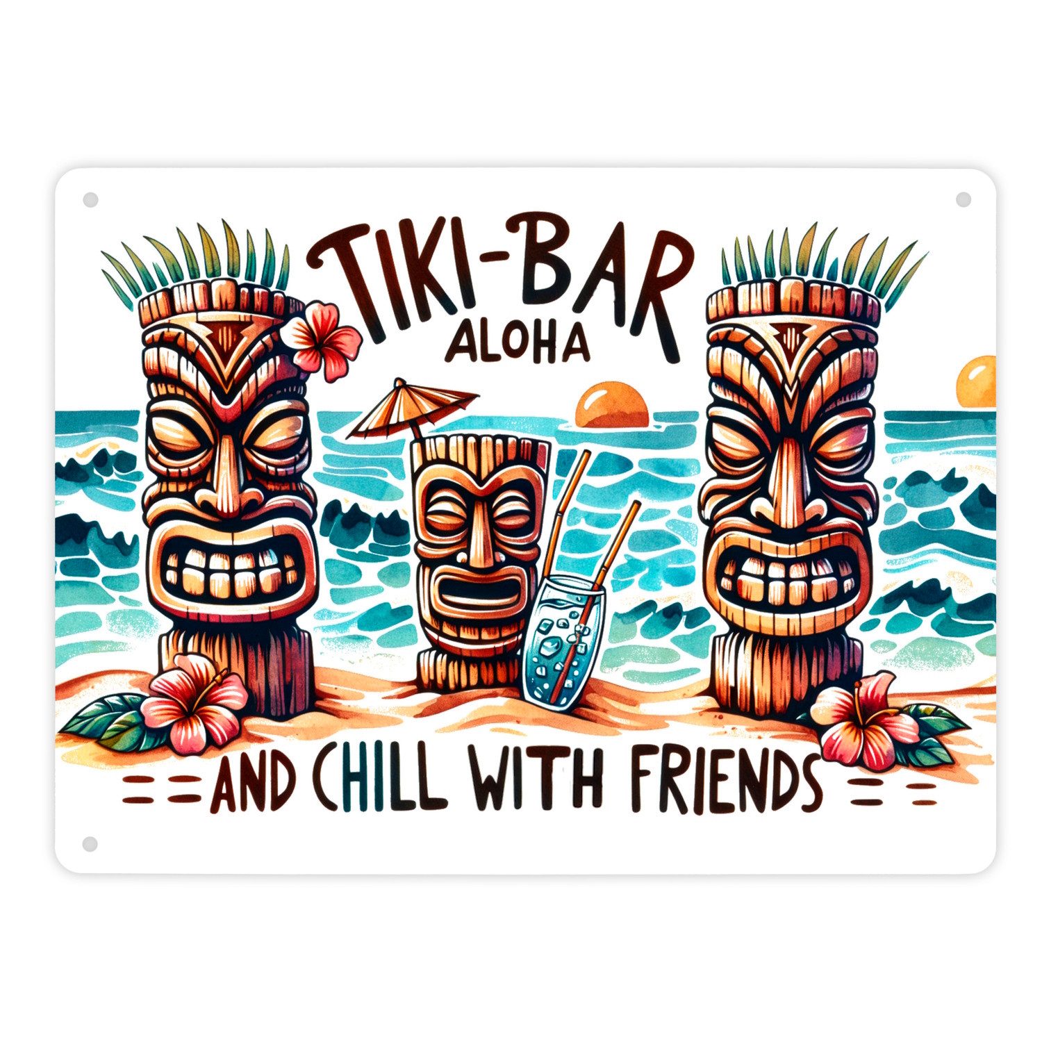 speecheese Metallschild Tiki Bar Aloha Metallschild XL in 21x28 cm mit Spruch and chill with