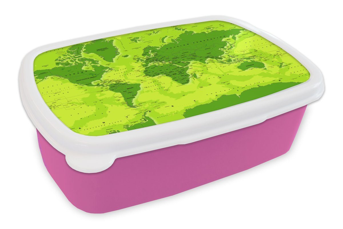 MuchoWow Lunchbox Weltkarte - Stabil - Violett, Kunststoff, (2-tlg), Brotbox für Erwachsene, Brotdose Kinder, Snackbox, Mädchen, Kunststoff rosa
