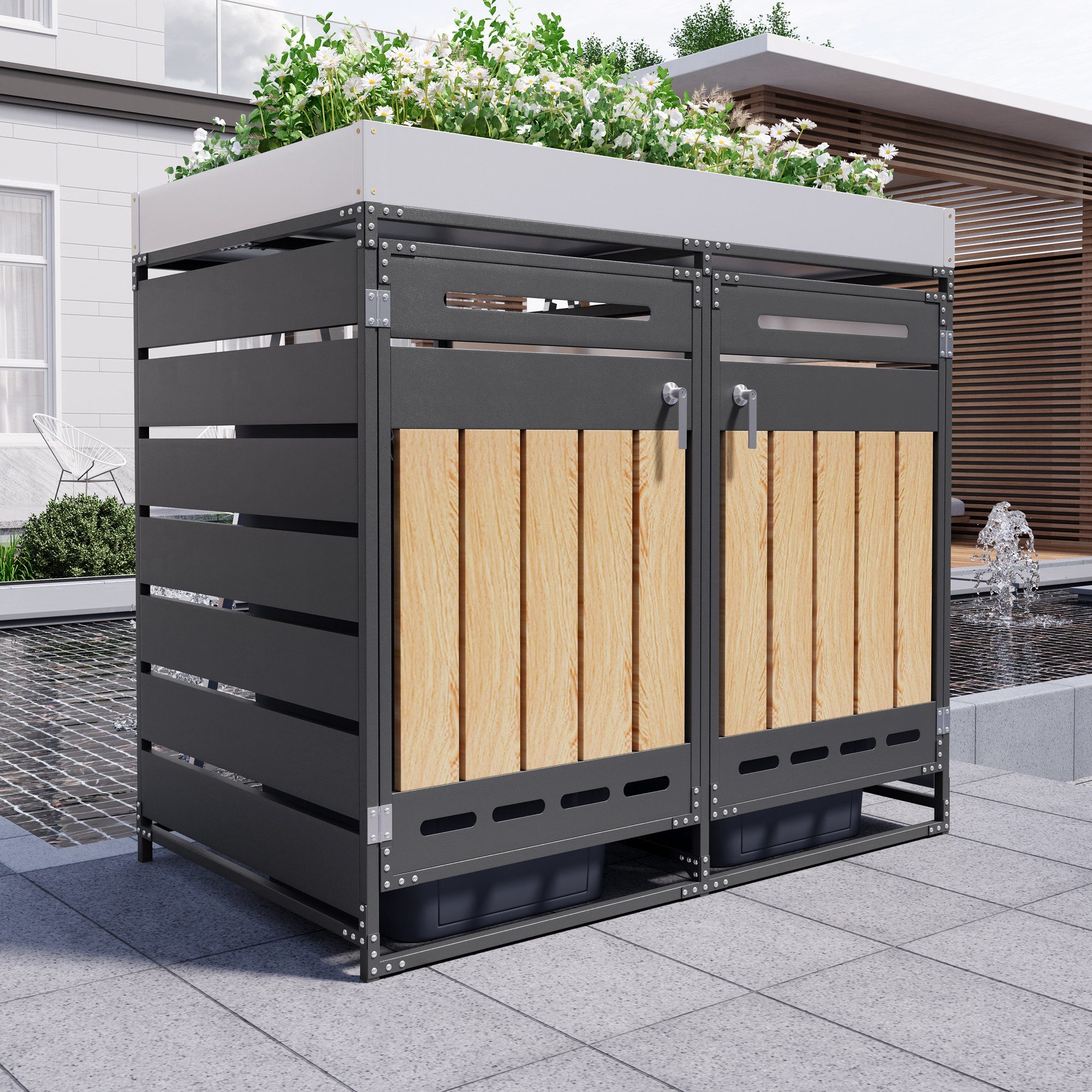 Merax Mülltonnenbox Abschließbar mit Pflanzkasten & vertikaler Holzmaserung für 2 Tonnen (Wetterfester Garten Aufbewahrungsschrank für Außenbereich, 1 St), 2 Fächer Mülltonnenverkleidung mit Belüftungsschlitzen, Metall