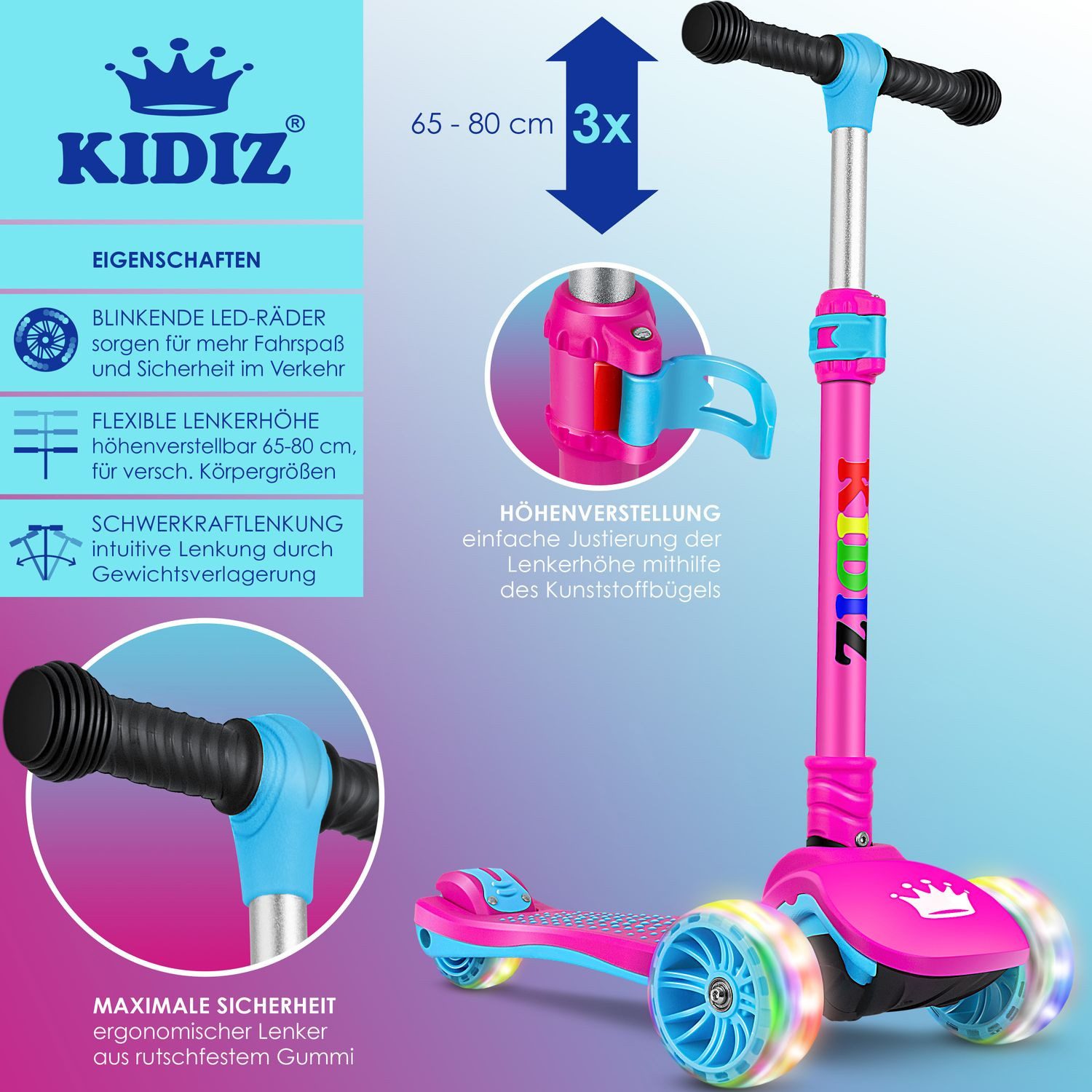KIDIZ Cityroller, Roller Kinder Scooter X-Pro2 Dreiradscooter mit PU LED Leuchten