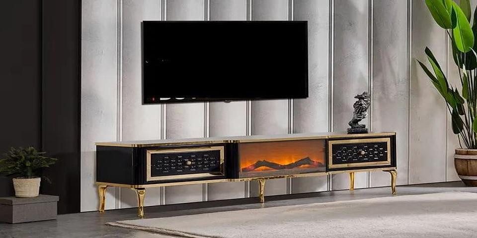 Xlmoebel TV-Board Schwarzes TV-Sideboard mit Kaminimitat und praktischem Stauraum (TV-Sideboard, 1 St., TV-Lowboard), Hergestellt in Europa