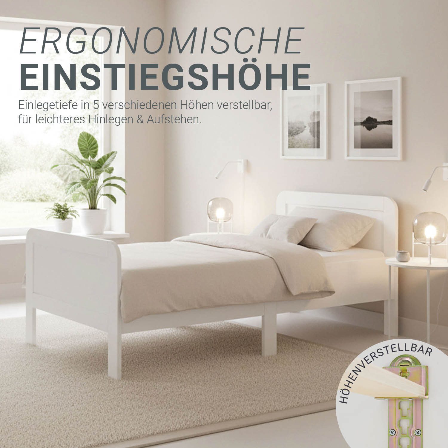 Homestyle4u Funktionsbett 90x200 100x200 120x200 Holzbett Seniorenbett Komfortbett Braun Weiß, 90x200, höhenverstellbar, erhöhter Einstieg