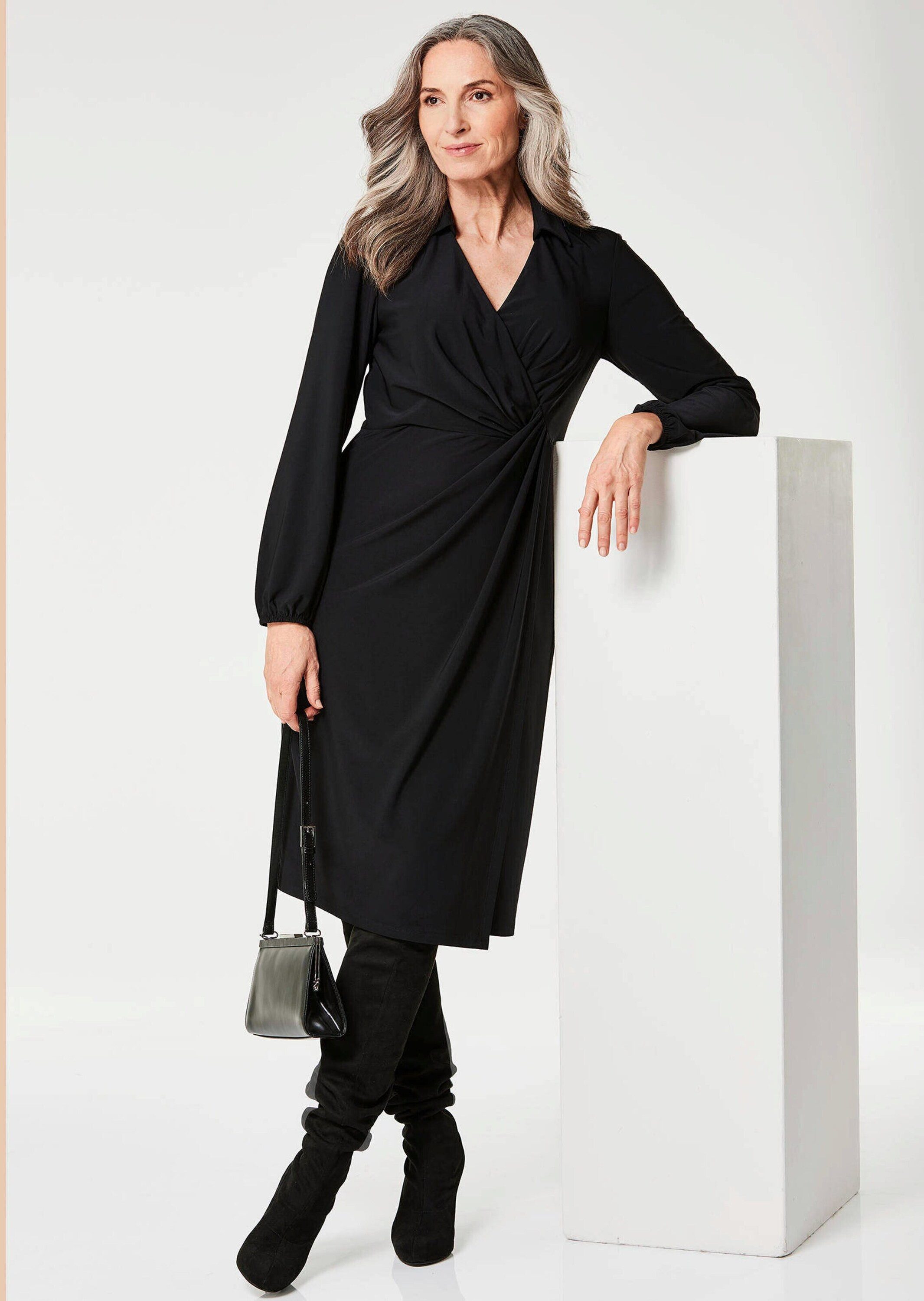GOLDNER Jerseykleid Kurzgröße: Elegantes Jerseykleid mit V-Ausschnitt Stretchkleid mit Hemdkragen, Ballonärmel, Gummibündchen und Langarm