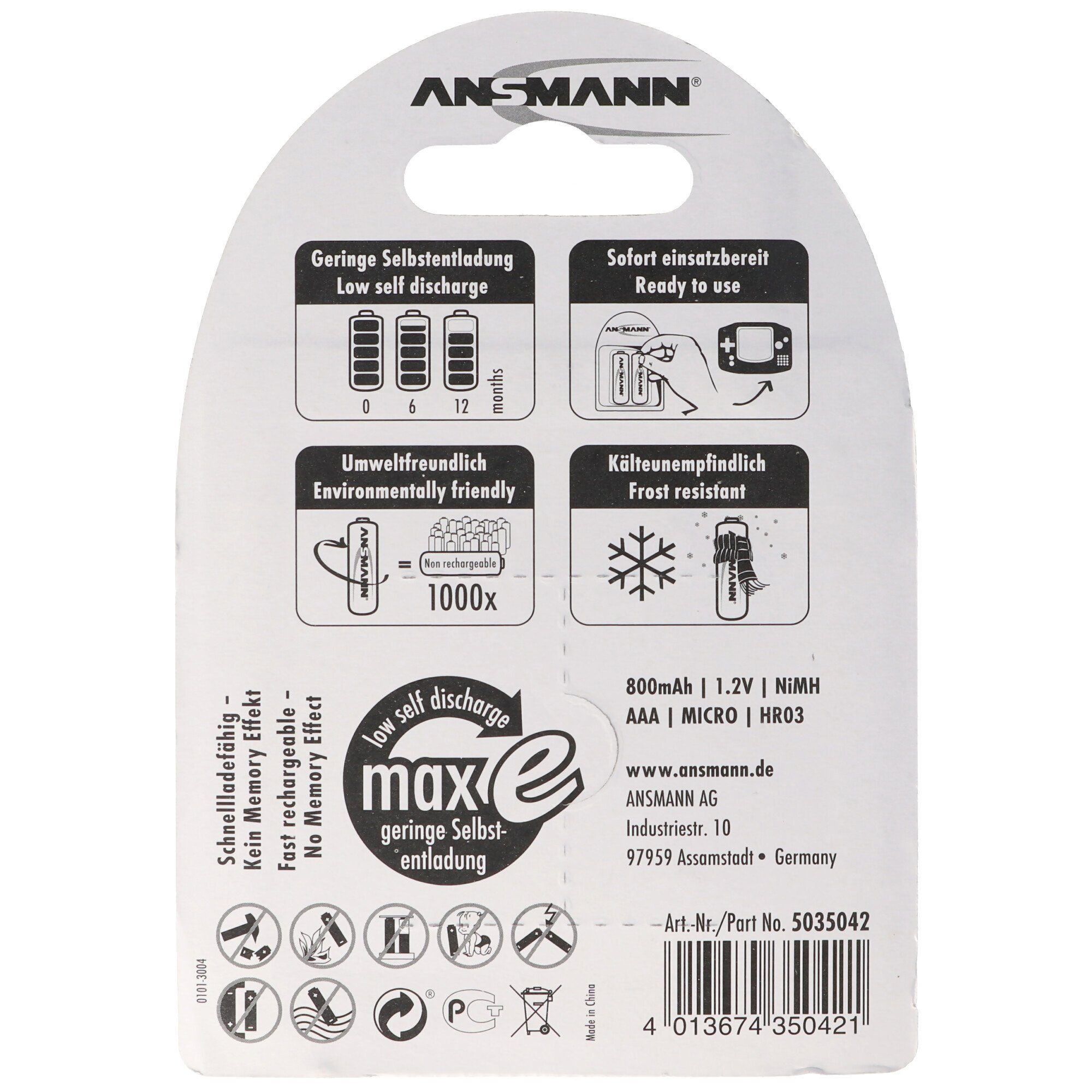 Blister AAA Akku V) ANSMANN® 800 4er (1,2 mAh Akku maxE im Ansmann Micro