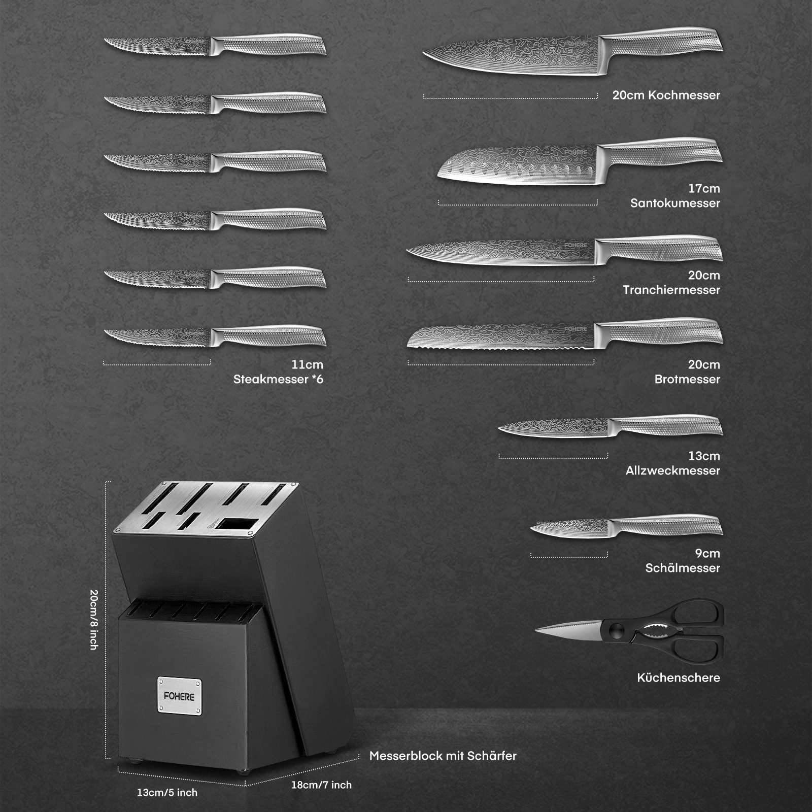 FOHERE Messer-Set 14-teilig Messerblock mit rutschfestem Griff und Messerblock (Set, 14-tlg), mit hoher Härte und einzigartiger Textur