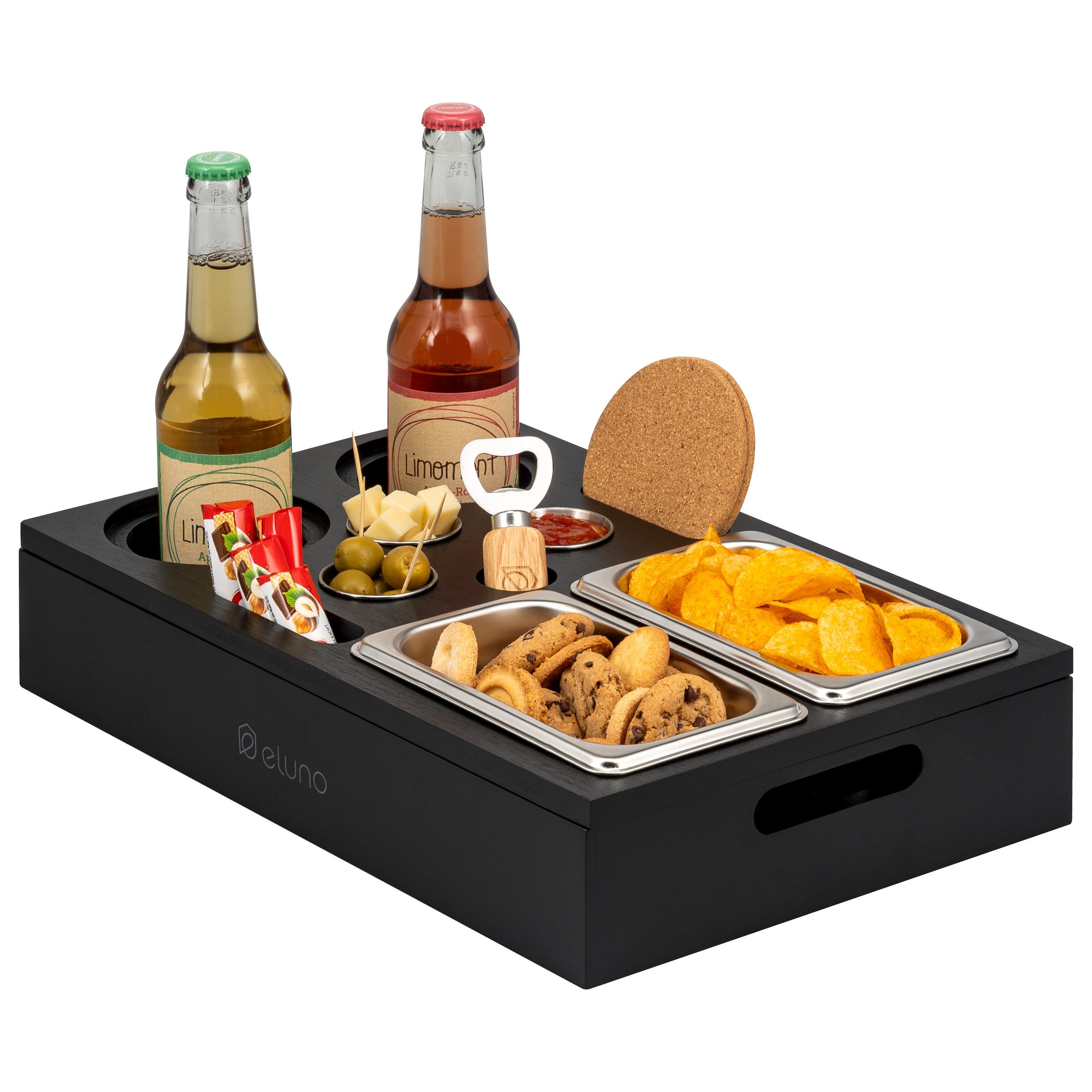 eluno Snackschale Couchbar mit abnehmbarem Deckel aus Bambus, schwarz