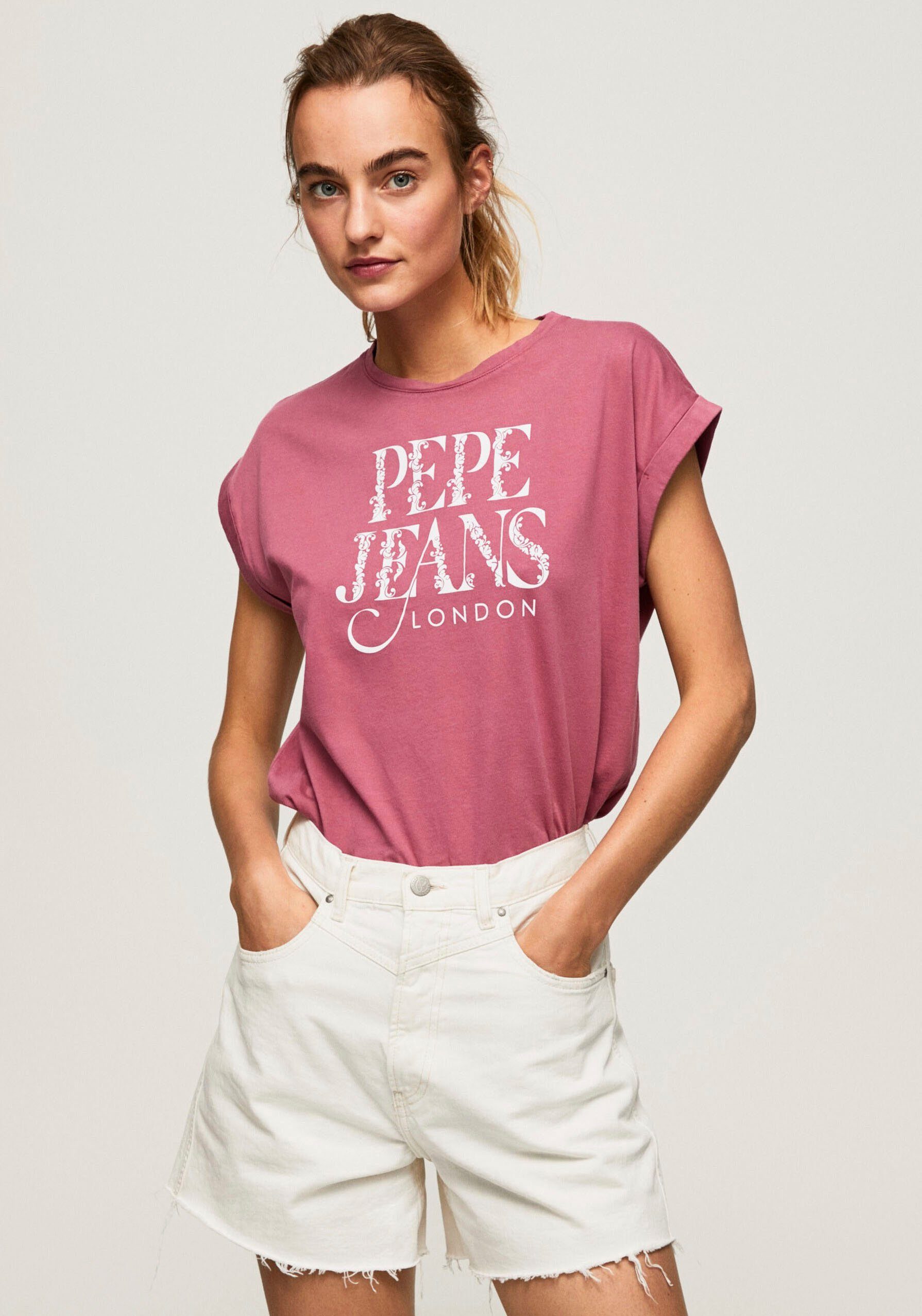 Pepe Jeans Rundhalsshirt LINDA mit Logo-Print in Kontrast altrosa