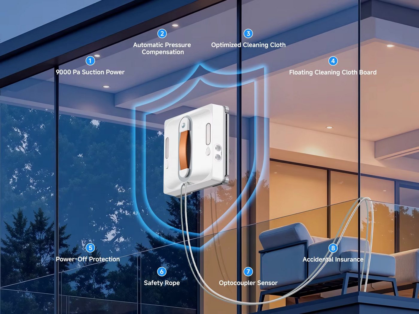 Athlix Fensterputzroboter Roboter-Fensterreiniger, automatisch Fenster Reiniger Fenster Fliesen, Kantenreinigung, Routenplanung, Mehrstufiges Sicherheitssystem weiß
