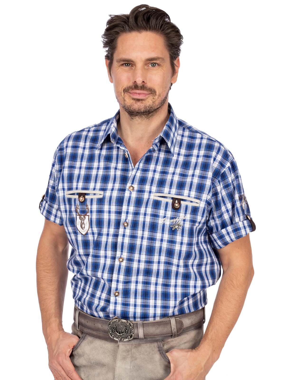OS-Trachten Trachtenhemd Trachtenhemd EDDI Halbarm blau (Regular Fit)