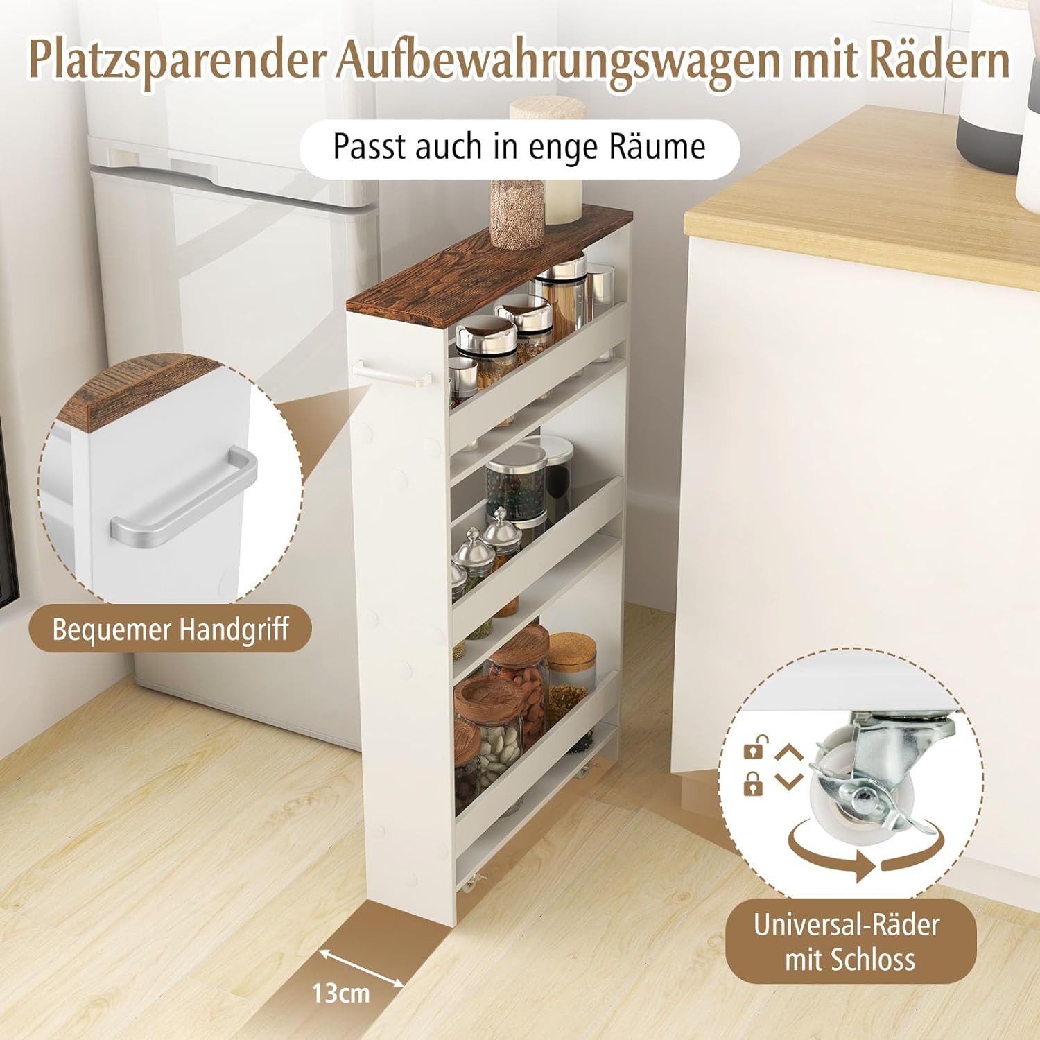 KOMFOTTEU Regalwagen Nischenregal, 4 Ebenen, mit Griff