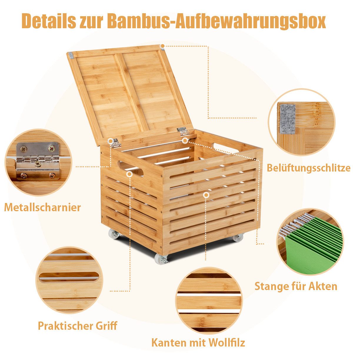 COSTWAY Spielzeugtruhe, mit Deckel & 4 Rollen Aufbewahrungsbox Bambus 43x36x36cm
