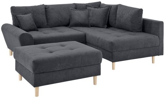 HOME AFFAIRE Ecksofa RICE, Set, mit Hocker, Massivholzfüße und Federkernpolsterung Microfaser PRIMABELLE Anthrazit