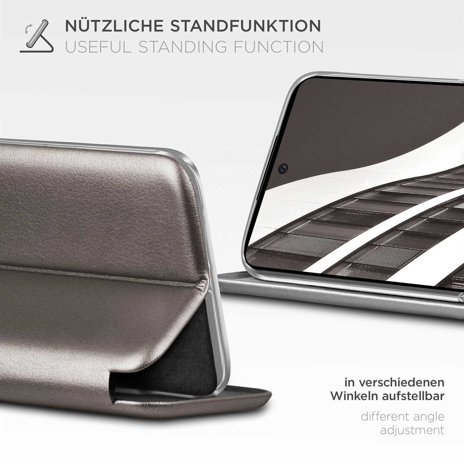 ONEFLOW Handyhülle für Samsung Galaxy A52 Premium Hülle Business Cover Grau 6,5 Zoll, 360 Grad Schutzhülle Flip Case Etui Klapphülle Dünn Leder Handy Tasche