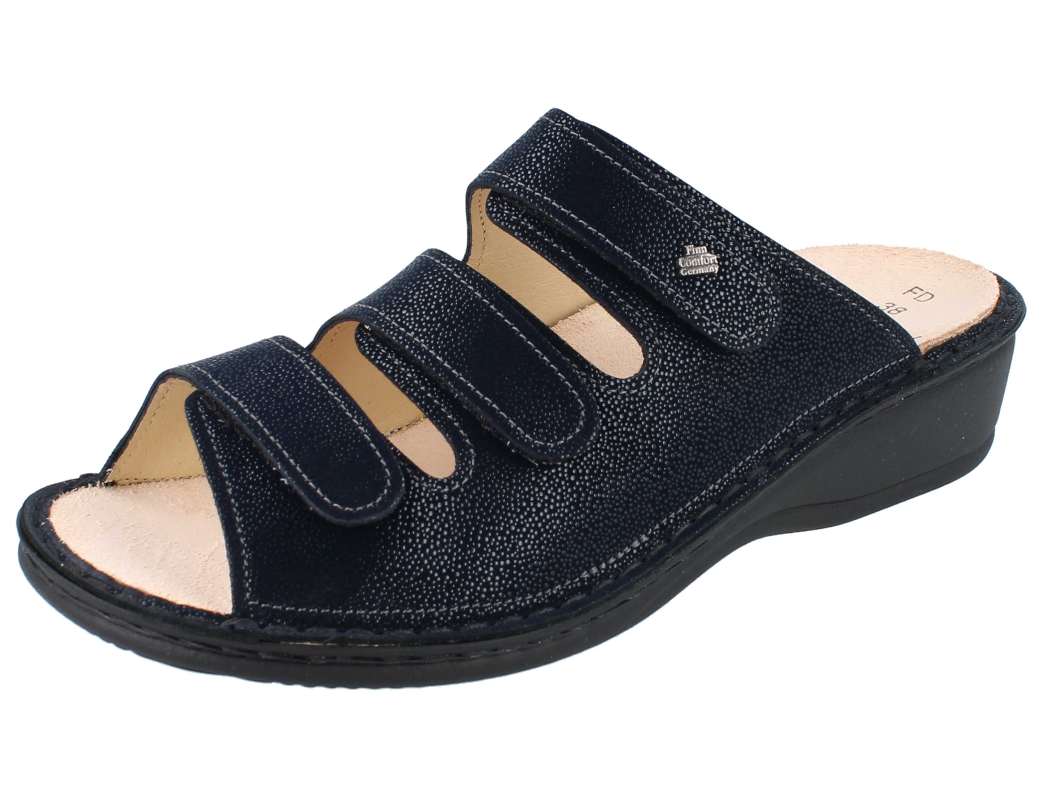 FINN COMFORT Pisa Damen Pantolette dunkelblau bedrucktes Nubukleder - Pantolette