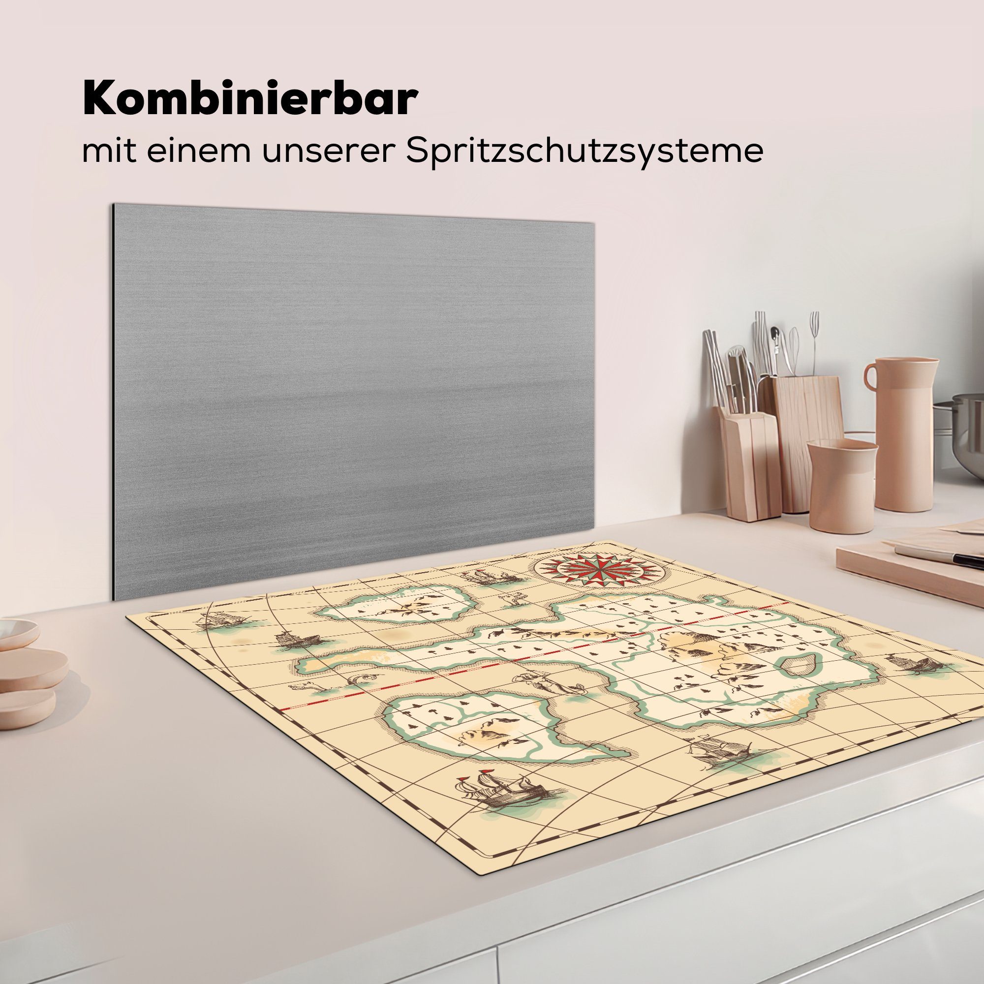 78x78 für Herdblende-/Abdeckplatte küche Schatzkarte Kinder Ceranfeldabdeckung, Vinyl, (1 cm, mit Arbeitsplatte Fantasie-Meerestieren, MuchoWow Illustration tlg), einer für