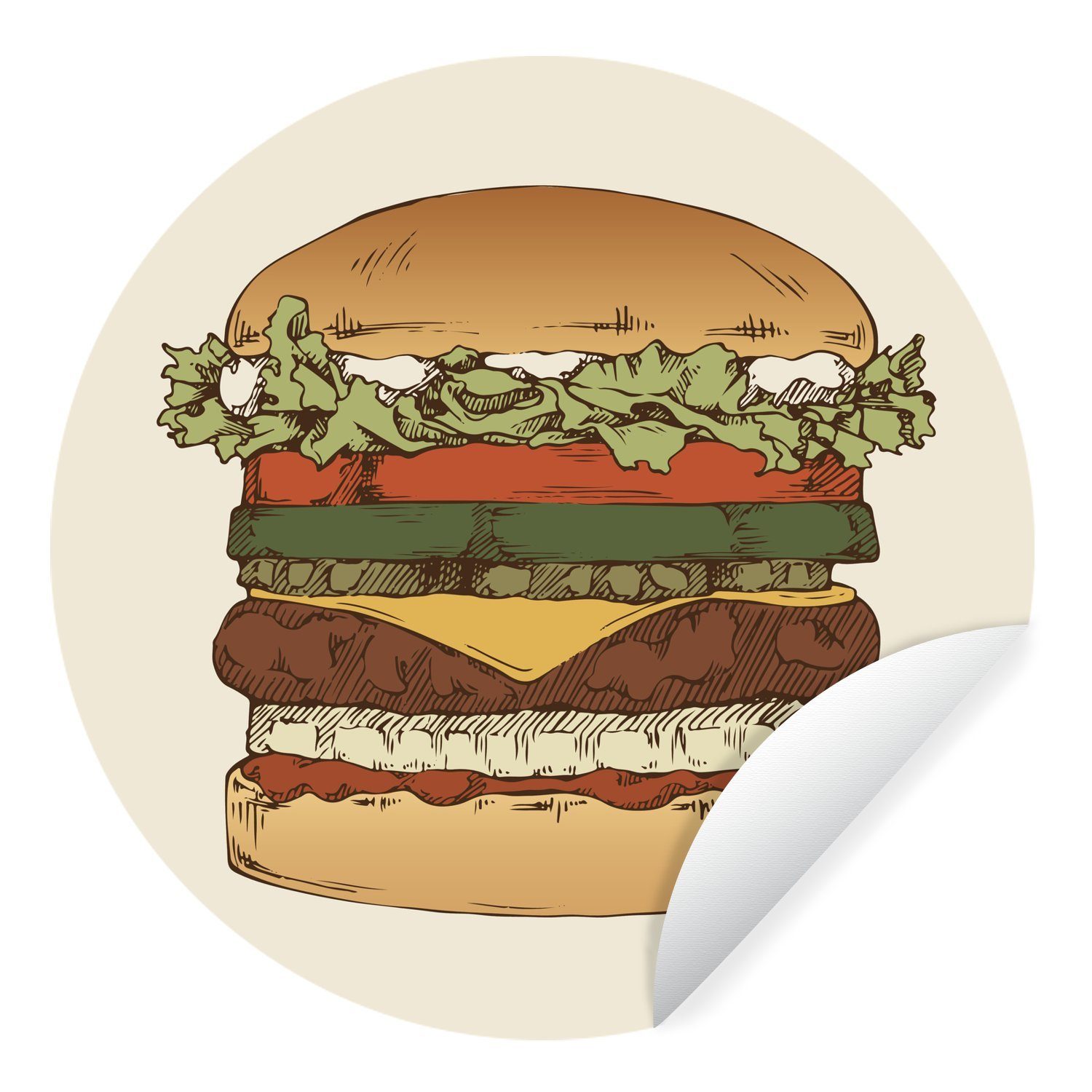 MuchoWow Wandsticker Eine Illustration eines klassischen Hamburgers (1 St), Tapetenkreis für Kinderzimmer, Tapetenaufkleber, Rund, Wohnzimmer
