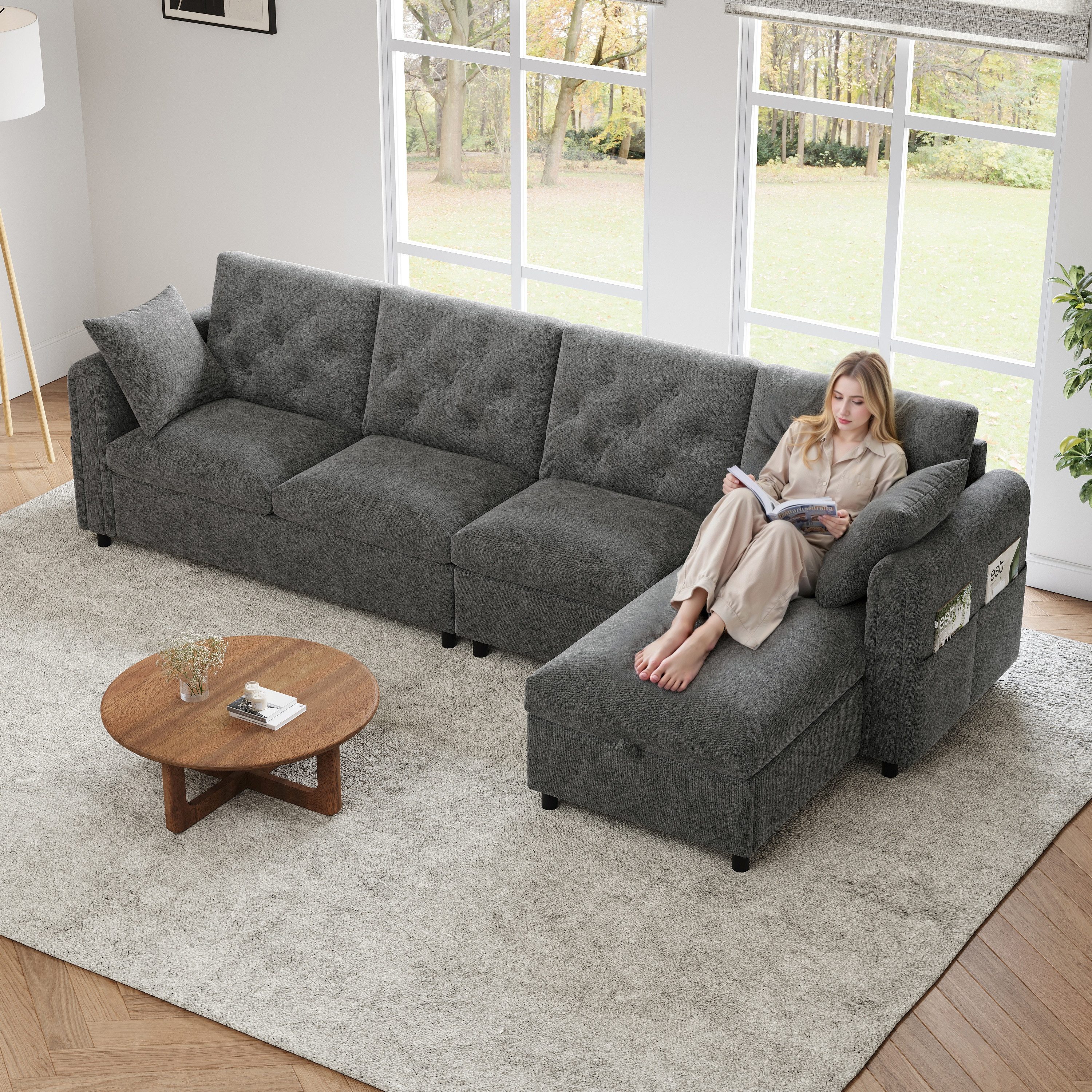 Merax Ecksofa L-förmiges 4-Sitzer sofa, 1 Teile, mit Bettkasten, Schlaffunktion, Kissen und Magazintaschen, Couch, Samt