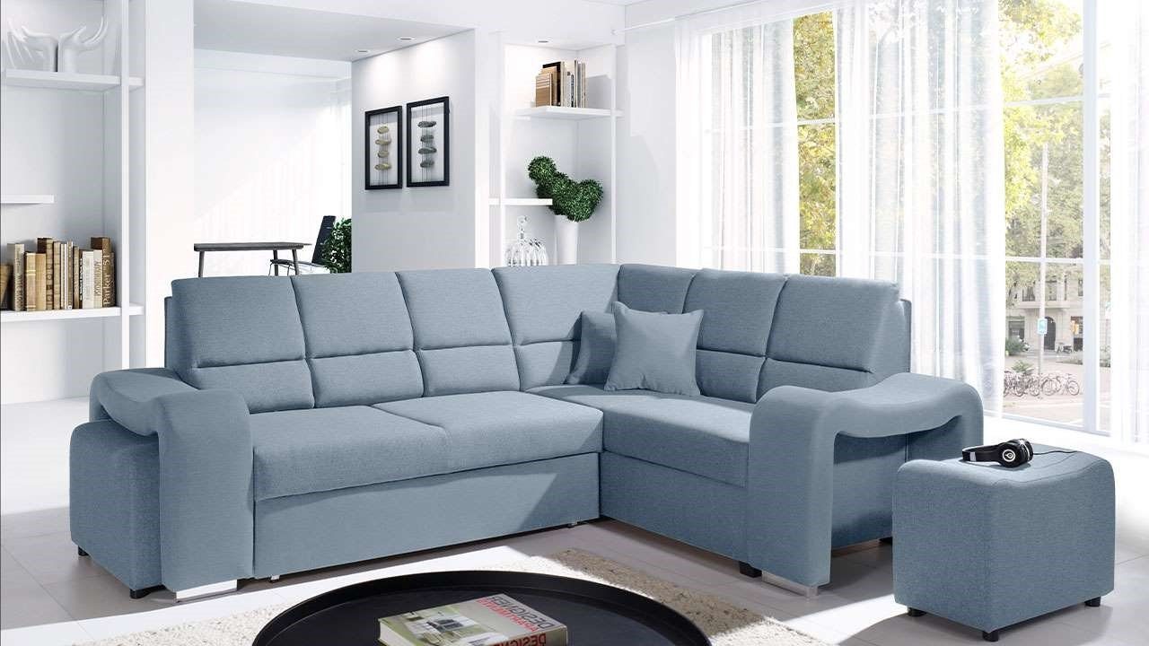 MKS MÖBEL Ecksofa AKIWA, Wohnlandschaft - Hocker L-Form mit Schlaffunktion, 2 Couch Blau