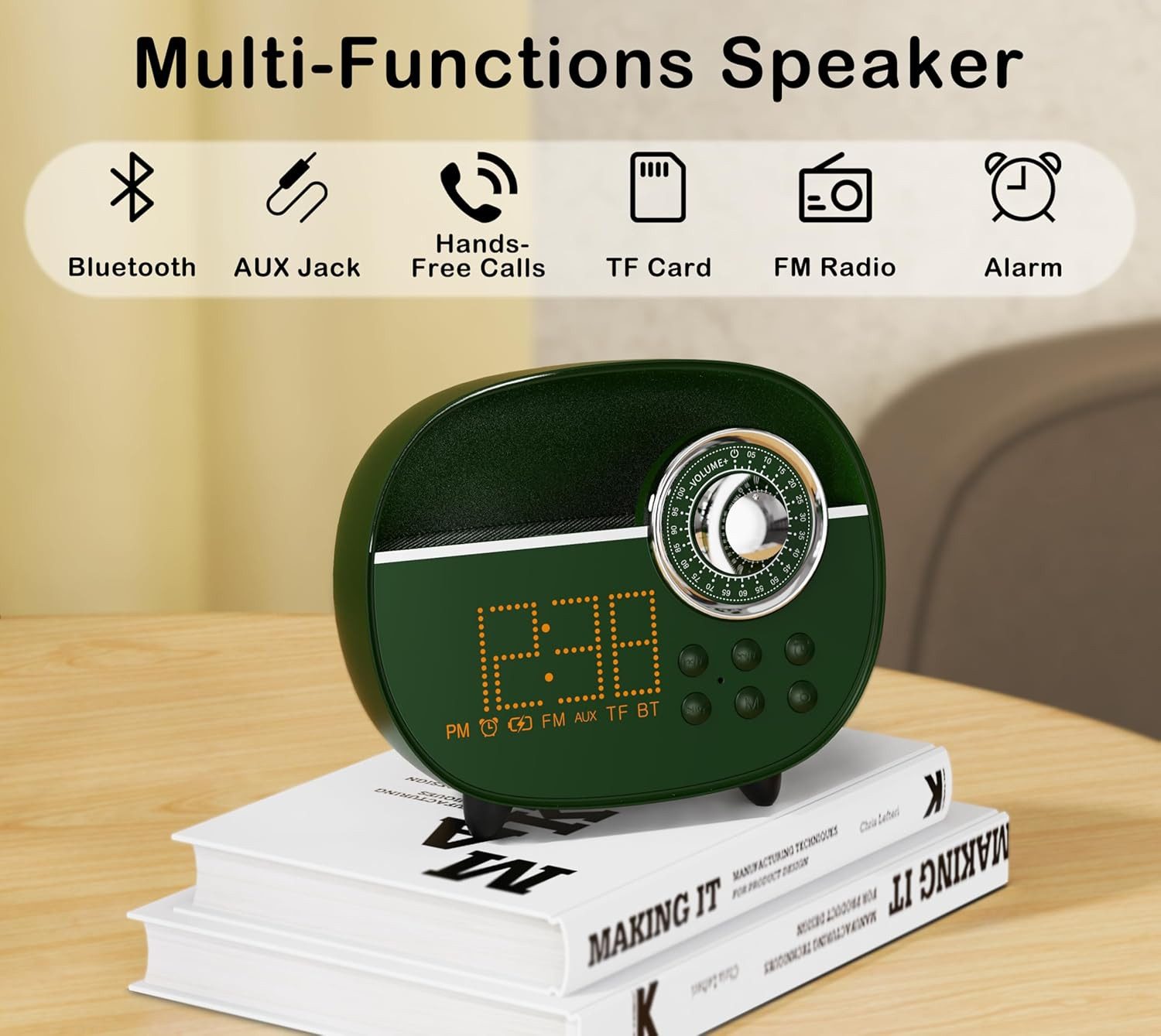 iTOMA Radiowecker Retro-Wecker Bluetooth UKW-Radio Nachtlicht Type-C Akku Grün Retro-Design, Bluetooth 5.1 UKW-Radio, Nachtlicht, AUX-Karten-Slot