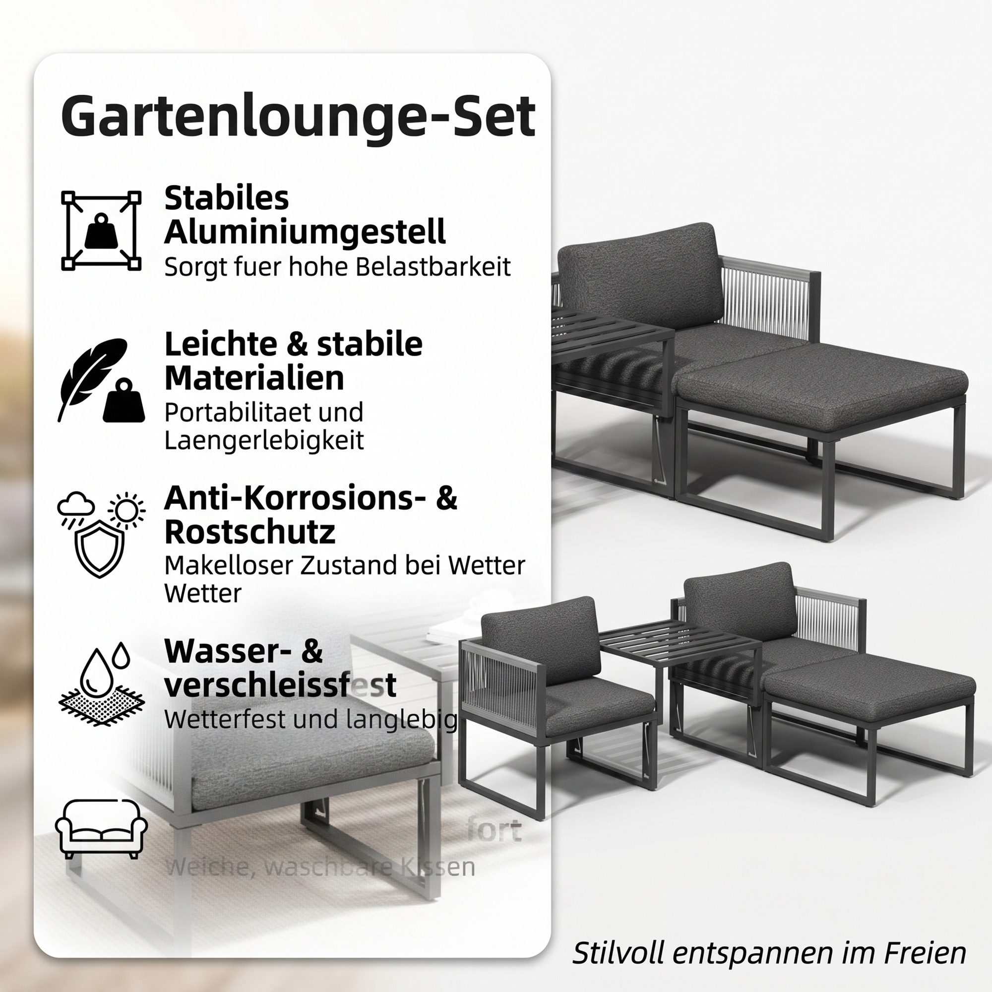 Mucola Gartenlounge-Set Aluminium Lounge-Set 4-teilig – wetterfeste Sitzgruppe mit Hocker, (Lounge-Set, 4-tlg., Lounge-Set, bestehend aus 2 Sitzelementen, Hocker und Modul), modular kombinierbar, wetterfestes Aluminiumgestell, Hocker