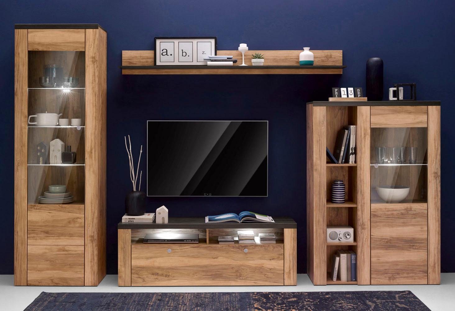 OTTO home Wohnwand Larona, Anbauwand, Set 4 Teilig, (Set, 4-St), bestehend aus 1 TV-Board, 1 Highboard, 1 Vitrine, 1 Wandregal