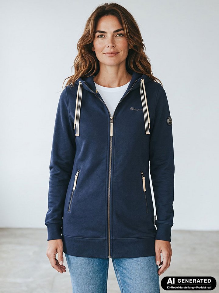Coastguard Kapuzensweatjacke Damen Sweatjacke mit Kapuze - Weiche Kapuzenjacke Übergangsjacke Längere Form, Zwei Kordelarten in Kontrastfarbe, Reißverschlusstaschen