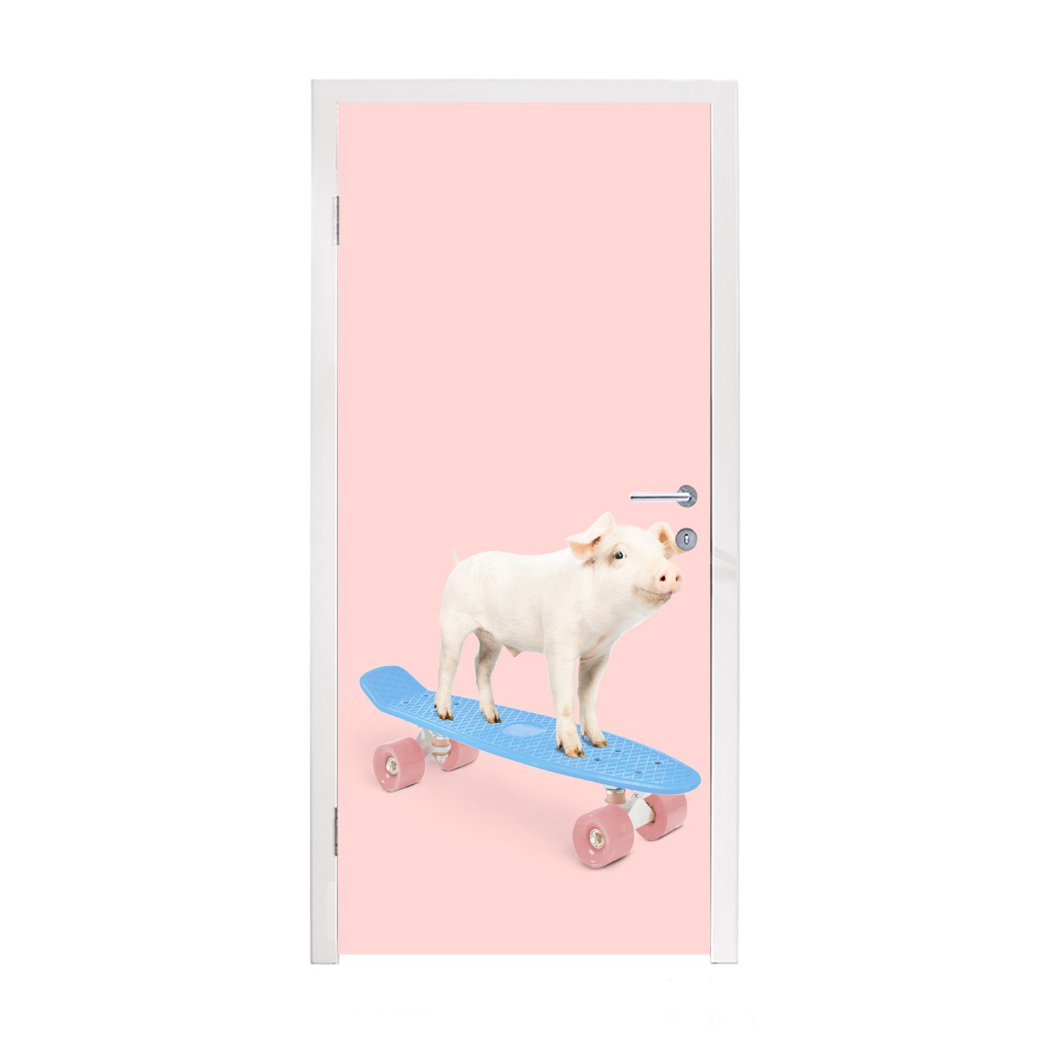 MuchoWow Türtapete Schwein - Rosa - Skateboard - Blau - Tiere, Matt, bedruckt, (1 St), Fototapete für Tür, Türaufkleber, 75x205 cm