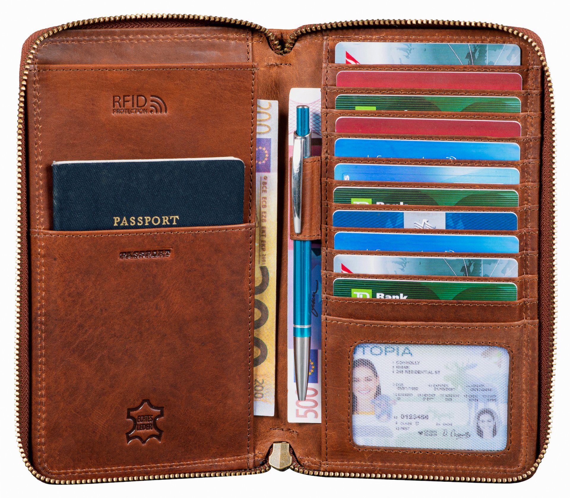 Reisebrieftasche RFID-Schutz Echt Benthill Reißverschlussfach Kartenfächer RFID Brieftasche Dokumententasche Geldbörse, Organizer Münzfach Leder
