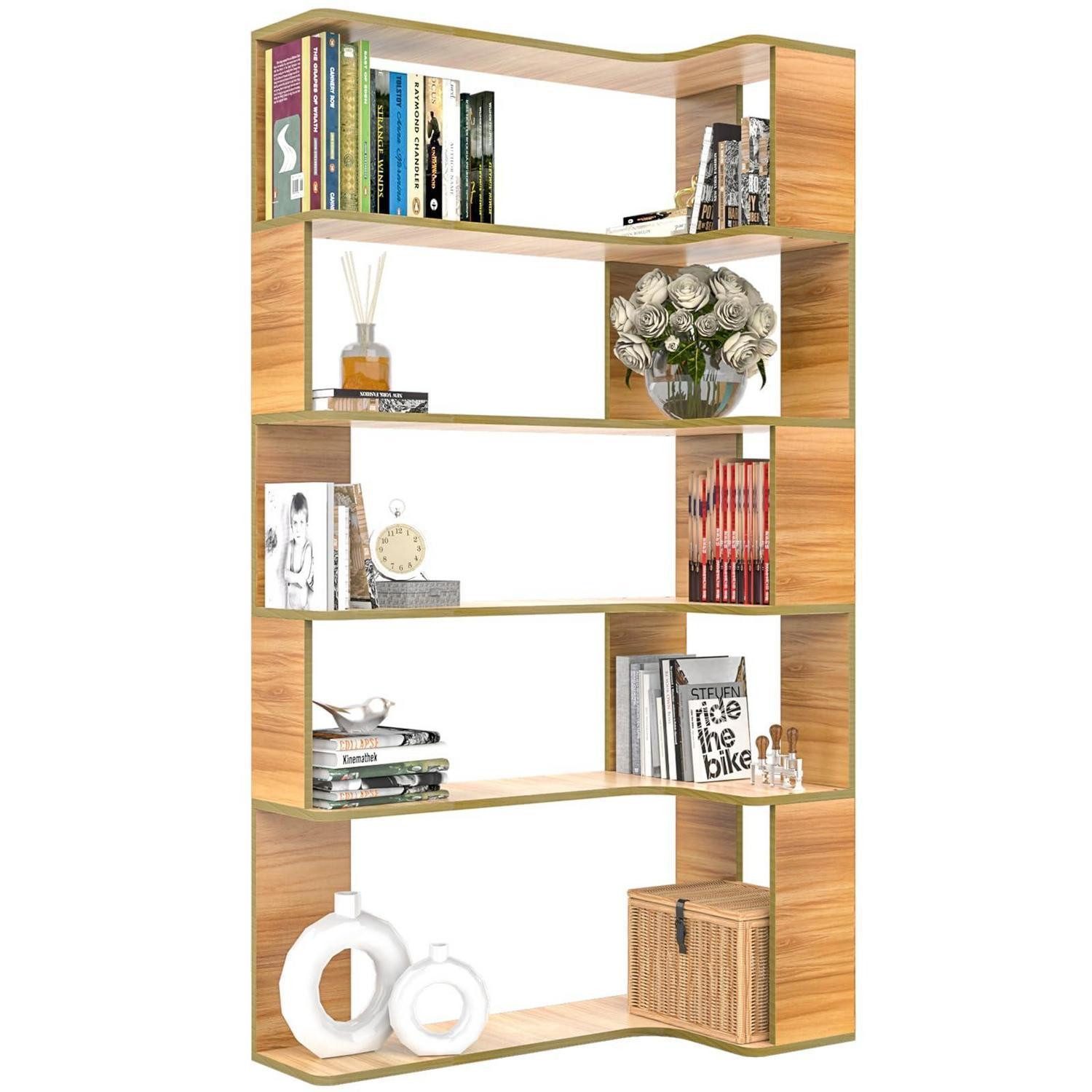 LuxusKollektion Eckregal Bücherregal L-Form 5 Ebenen Beige/Schwarz/Holzmaserung, 1-tlg.