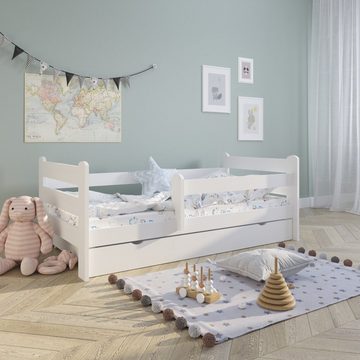 Kids Collective Kinderbett weiß 80x160 90x200 Jugendbett mit Schublade Rausfallschutz, 100% Kiefern-Vollholz, 160x80, Bettkasten, optional mit Matratze