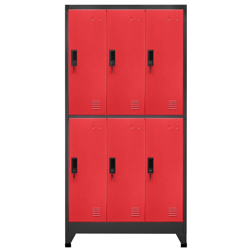 furnicato Spind Schließfachschrank 90x45x180 cm in Anthrazit und Rot aus Stahl (1-St) Spinderschrank mit 6 Fächern, Namensschildhaltern und Kleiderbügeln