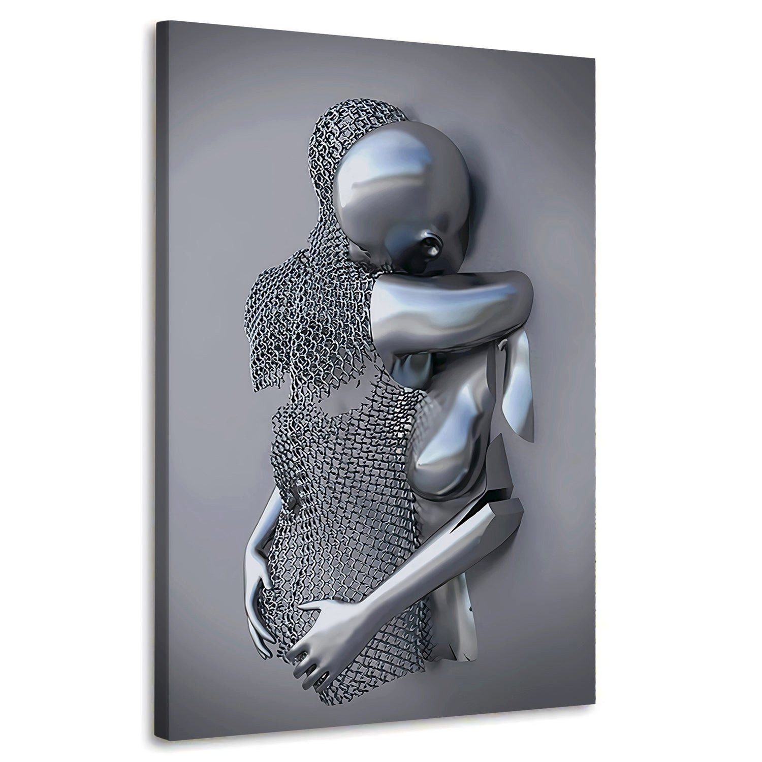 Artedinoi Leinwandbild Metallfiguren Umarmung surreal Silber Leinwandbild Wandbild XXL, Zwei Metallfiguren, surreal