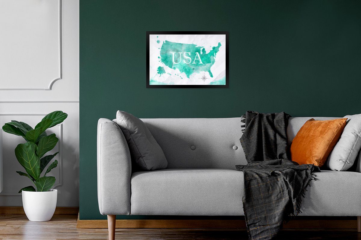 Wandposter, Poster, Gerahmtes (1 - Bilder, - St), Aquarell, Schwarzem Poster MuchoWow Karte Staaten Vereinigte Bilderrahmen Wanddeko,