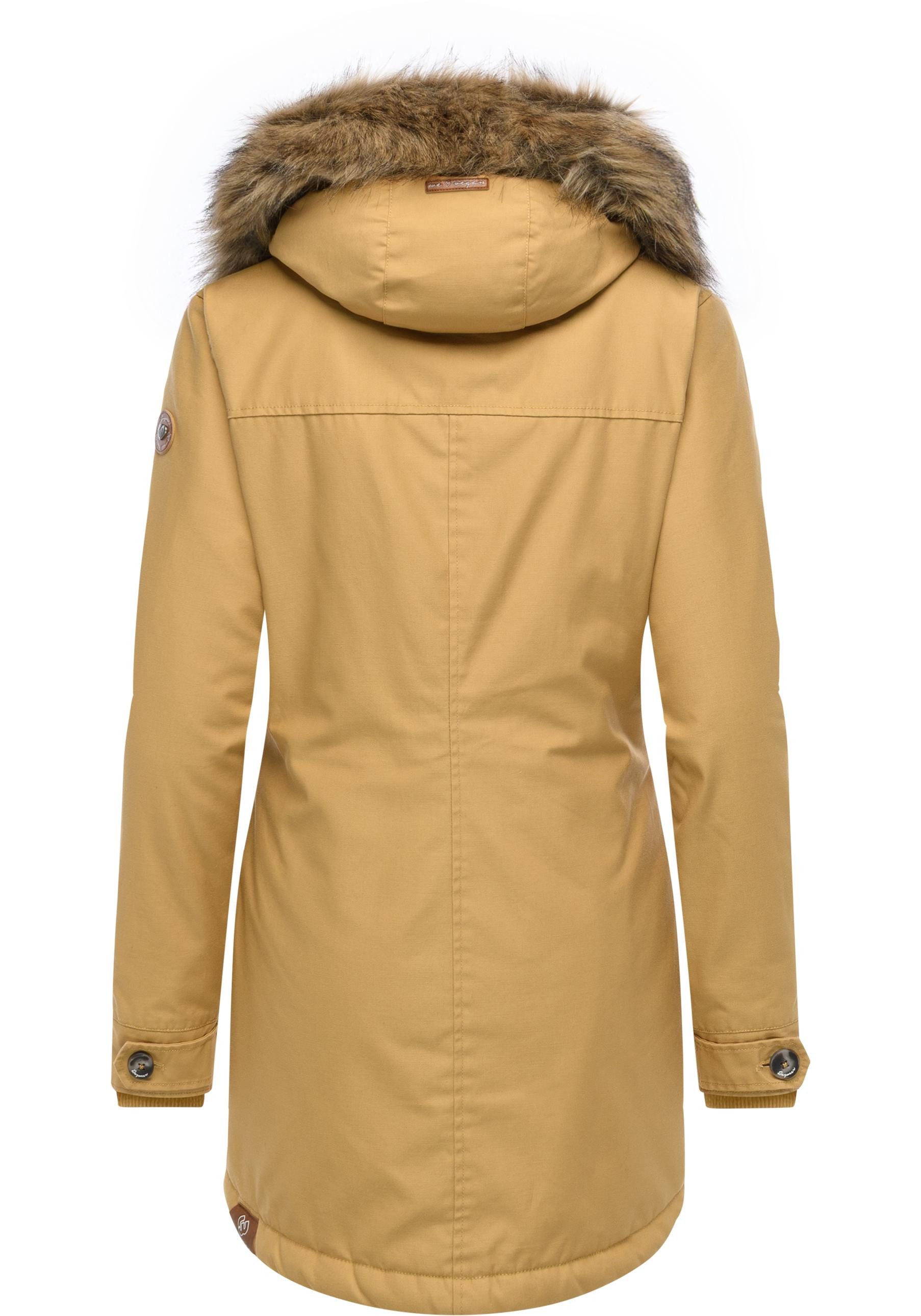 Ragwear Wintermantel Jane YOUMODO Winter Kurzmantel mit Kapuze und Kunstfellkragen