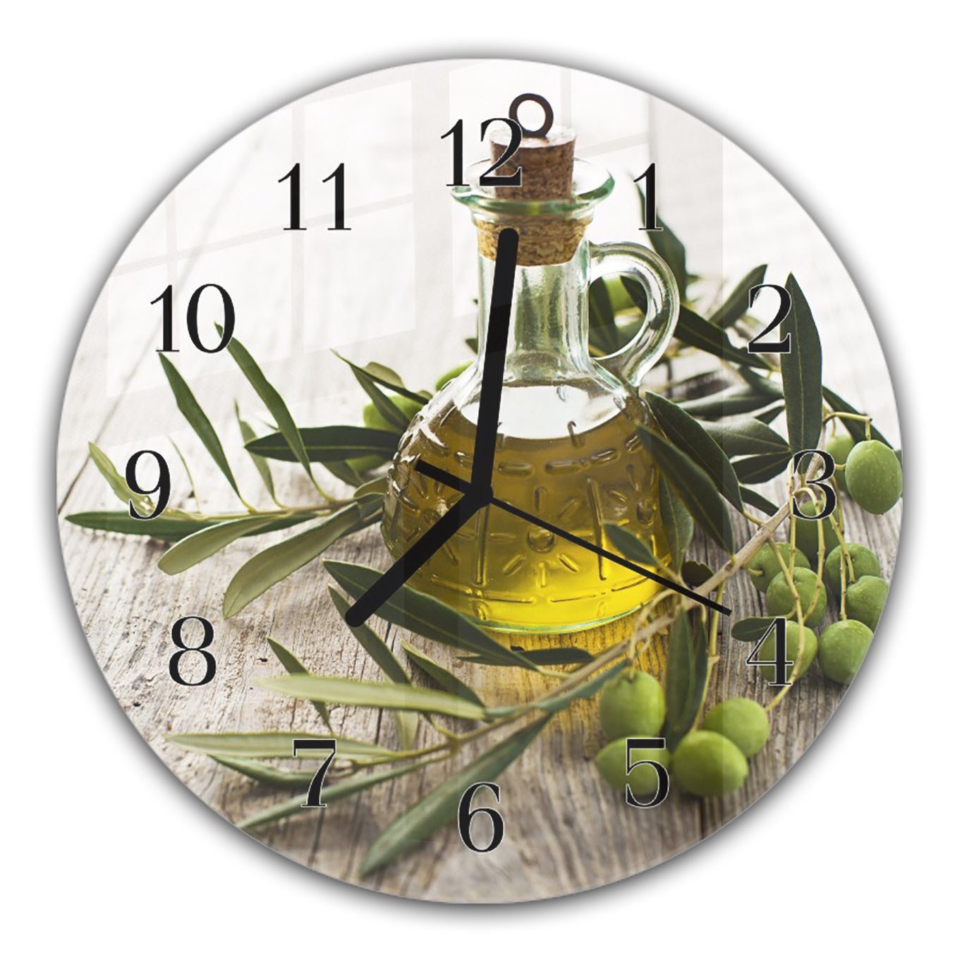 Primedeco Wanduhr Wanduhr aus Glas mit Motiv Olivenöl mit Zweigen - Rund mit Durchmesser 30 cm und Quarzuhrwerk
